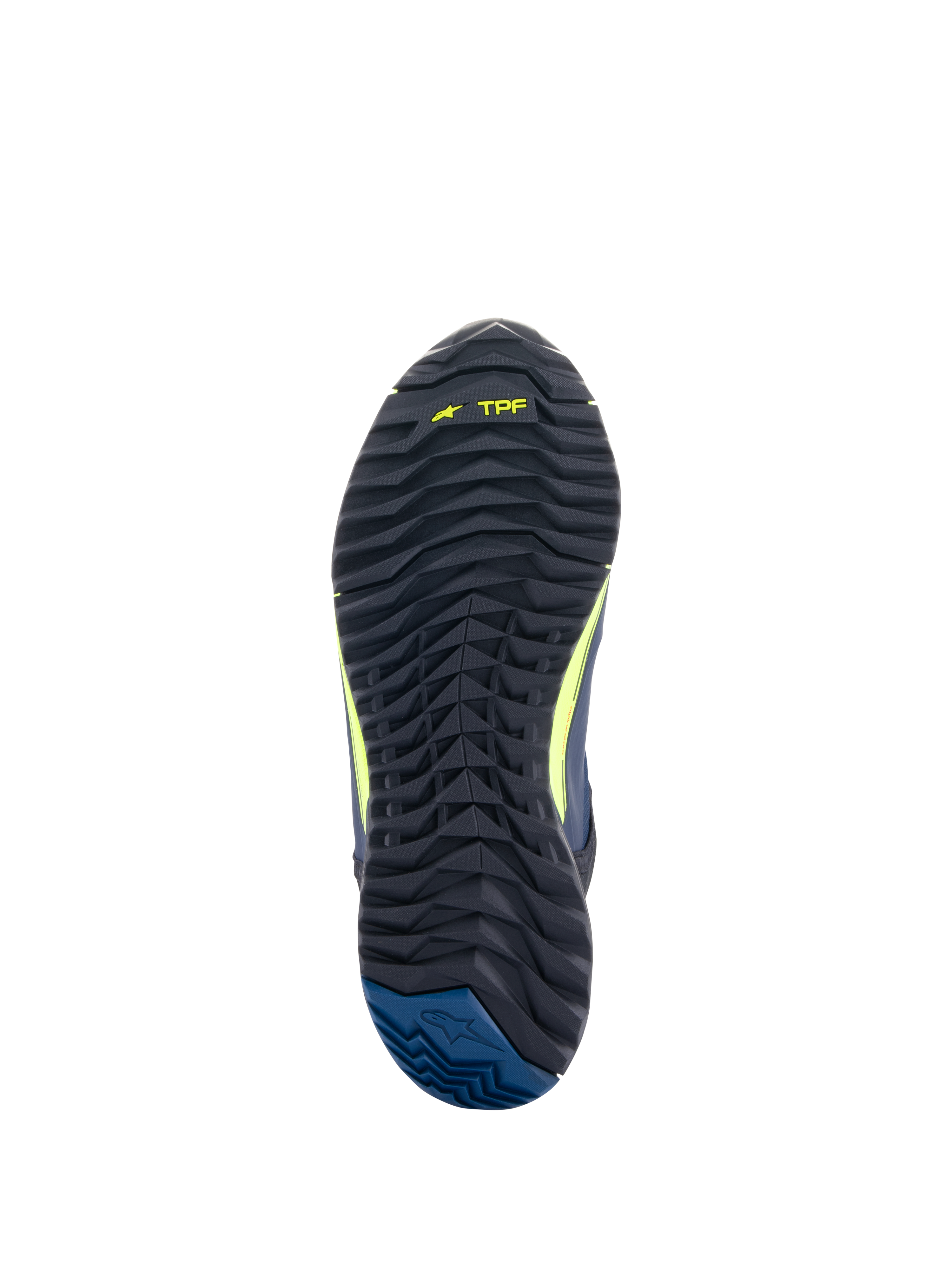 Alpinestars CR-X Drystar® Motorradschuhe, Außensohlenansicht, Schwarz mit TPF-Branding in Gelb Fluo und dunkelblauer Ferse, robustes, strukturiertes Profil für Traktion und ganztägigen Gehkomfort