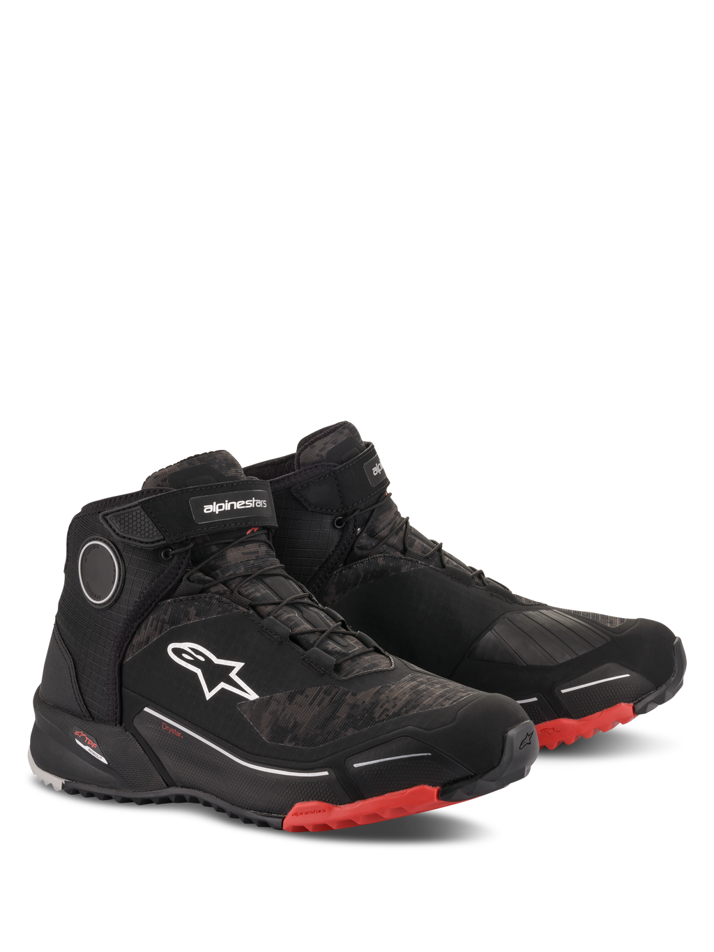 Alpinestars CR-X Drystar Motorradschuhe, Motorradschuhe, Schwarz Camo Rot, hohes sportliches Design mit wasserdichter Membran, weißes Astars-Logo an der Seite, rote Akzente an der Außensohle und Zehenpartie, Urban- und Adventure-Touring-Stil