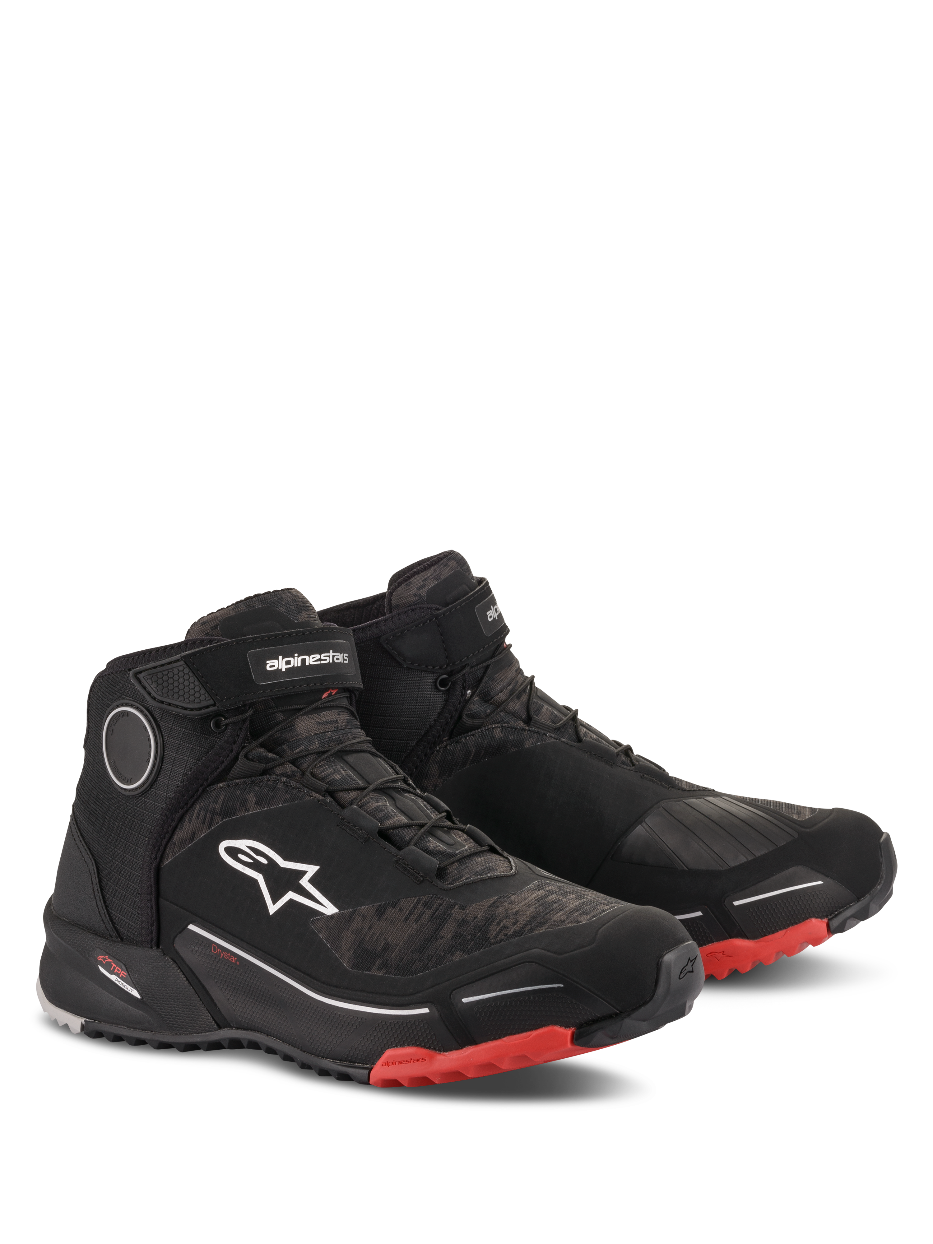 Alpinestars CR-X Drystar Motorradschuhe, Motorradschuhe, Schwarz Camo Rot, hohes sportliches Design mit wasserdichter Membran, weißes Astars-Logo an der Seite, rote Akzente an der Außensohle und Zehenpartie, Urban- und Adventure-Touring-Stil
