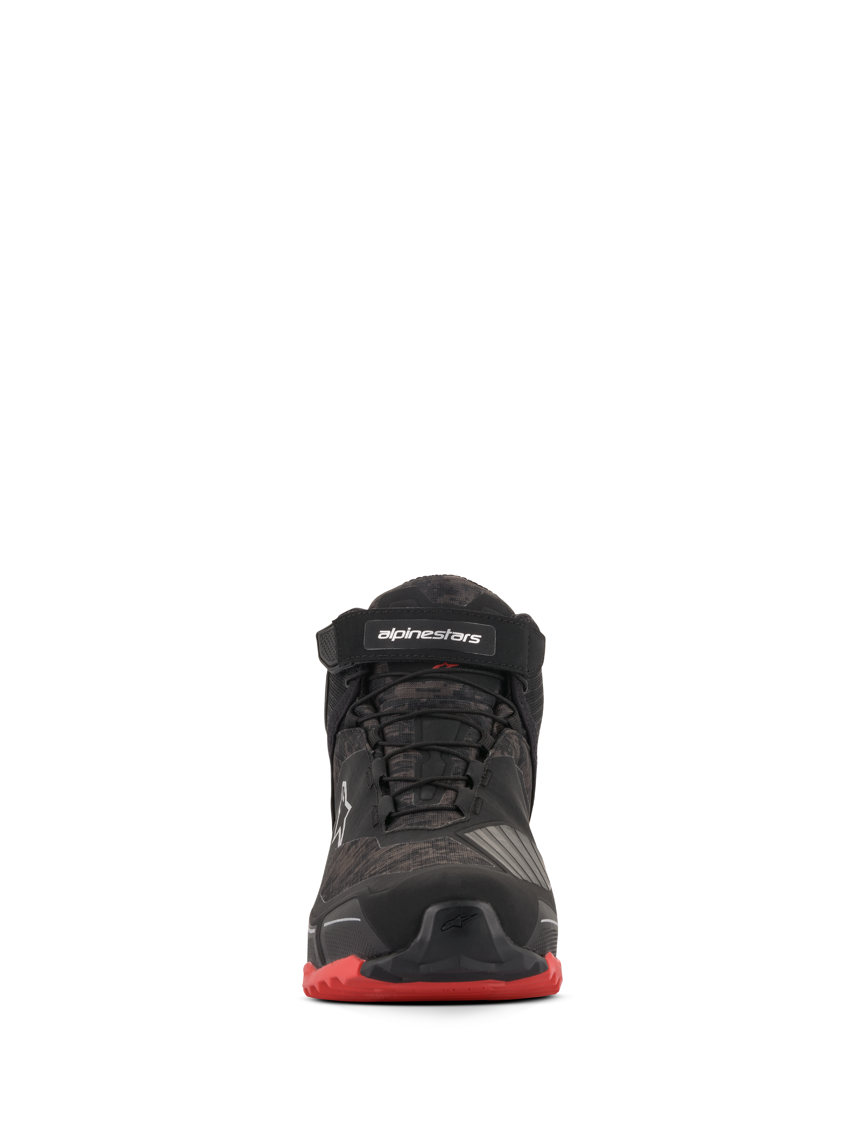 Alpinestars CR-X Drystar® Motorradschuhe, Motorradschuhe, Schwarz Camo Rot, Vorderansicht mit Camouflage-Muster, schwarzer Knöchelriemen mit weißem Branding, schwarze Schnürsenkel und rote Akzente an der Außensohle.