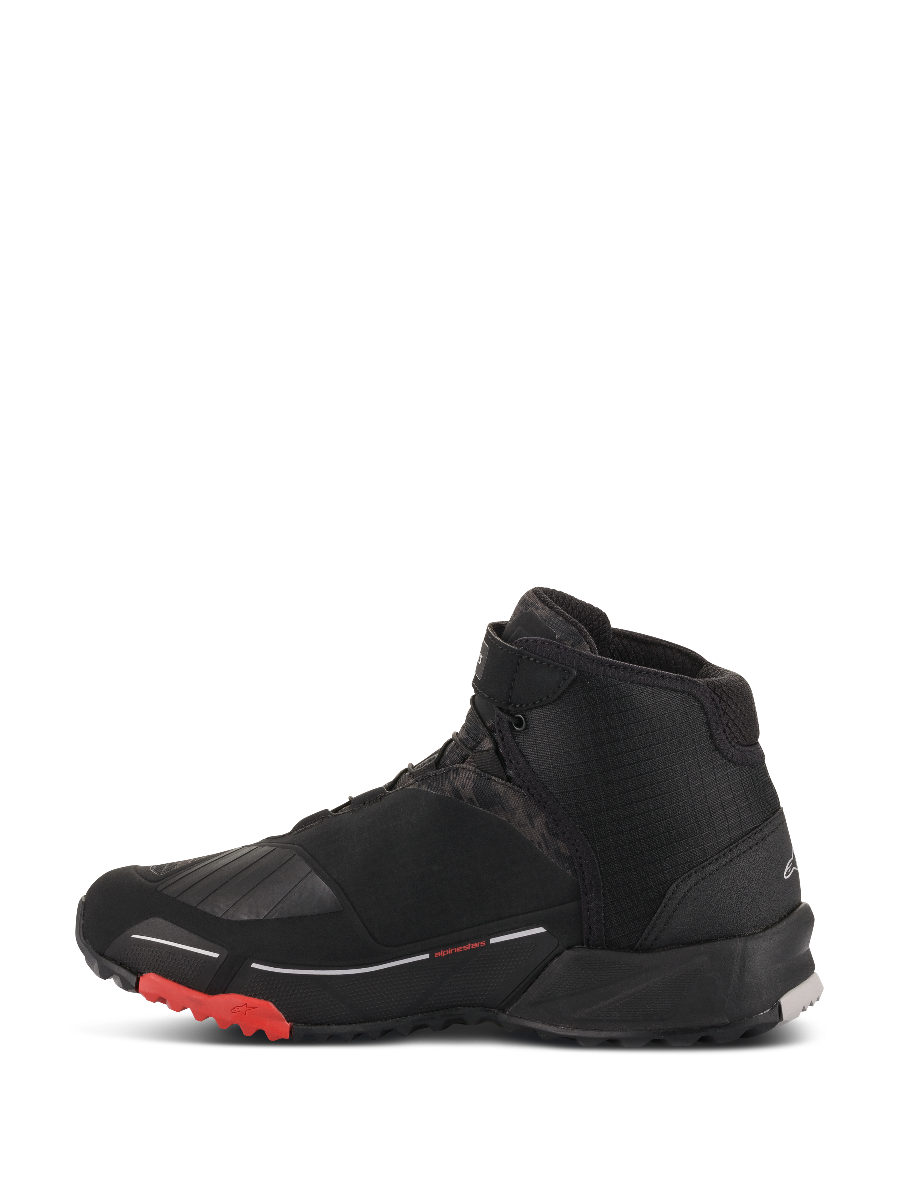 Alpinestars CR-X Drystar® Motorradschuhe, Black Camo Red, wasserdichtes Motorradschuhwerk, Seitenprofilansicht, mit schwarzem Textil-Obermaterial und dunklen Camo-Einsätzen, roten Akzenten an der Außensohle und einem sportlichen, von Laufschuhen inspirierten Design.