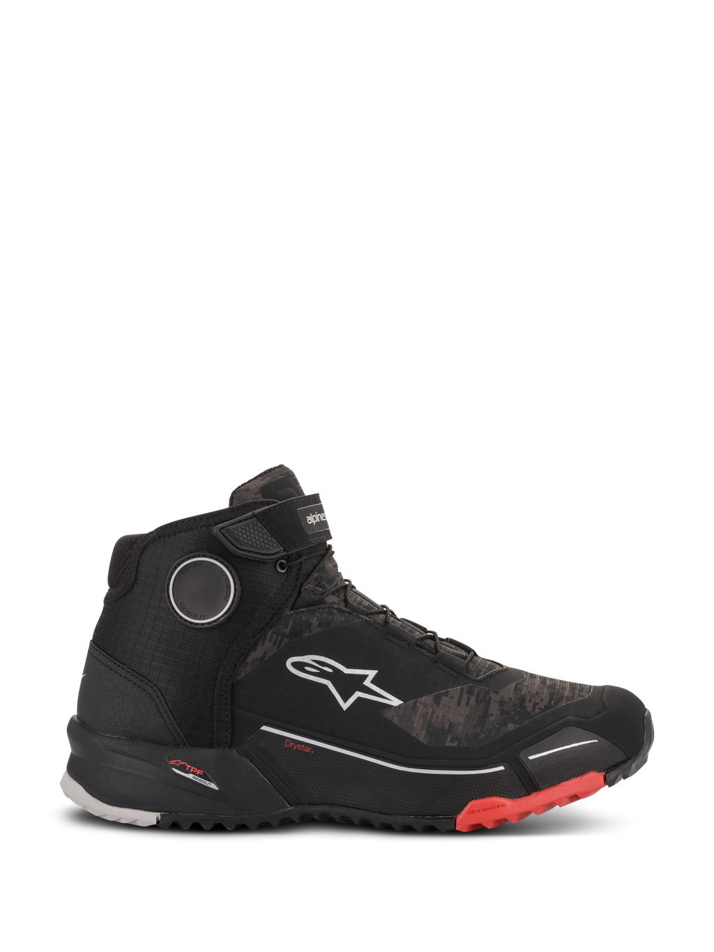 Alpinestars CR-X Drystar Motorradschuhe, wasserdicht, Black Camo Red, Seitenprofil, texturiertes Camouflage-Obermaterial, weißes Alpinestars-Logo, Knöchelriemen, schwarze profilierte Sohle mit roten Akzenten an der Fußspitze