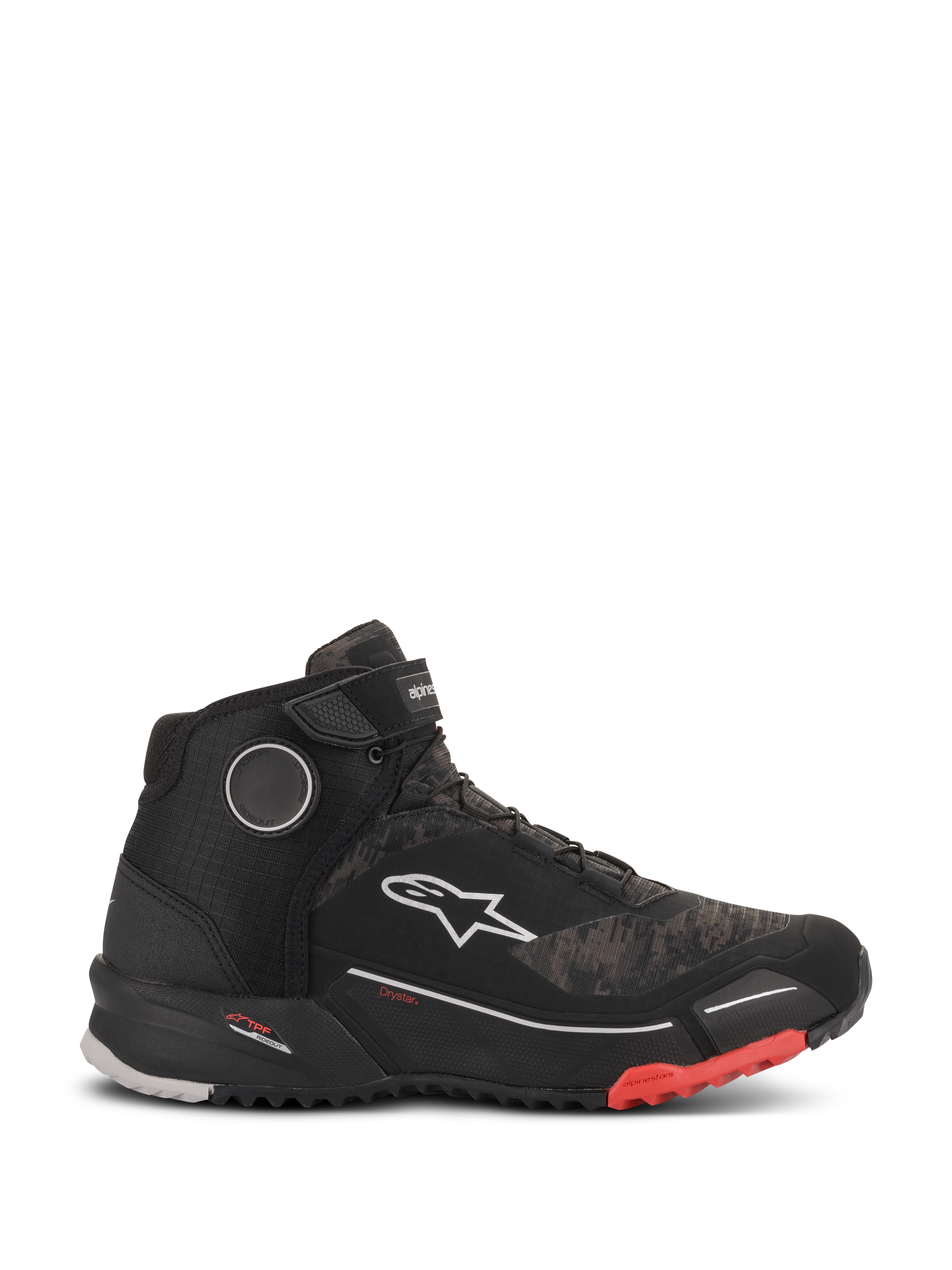 Alpinestars CR-X Drystar Motorradschuhe, wasserdicht, Black Camo Red, Seitenprofil, texturiertes Camouflage-Obermaterial, weißes Alpinestars-Logo, Knöchelriemen, schwarze profilierte Sohle mit roten Akzenten an der Fußspitze