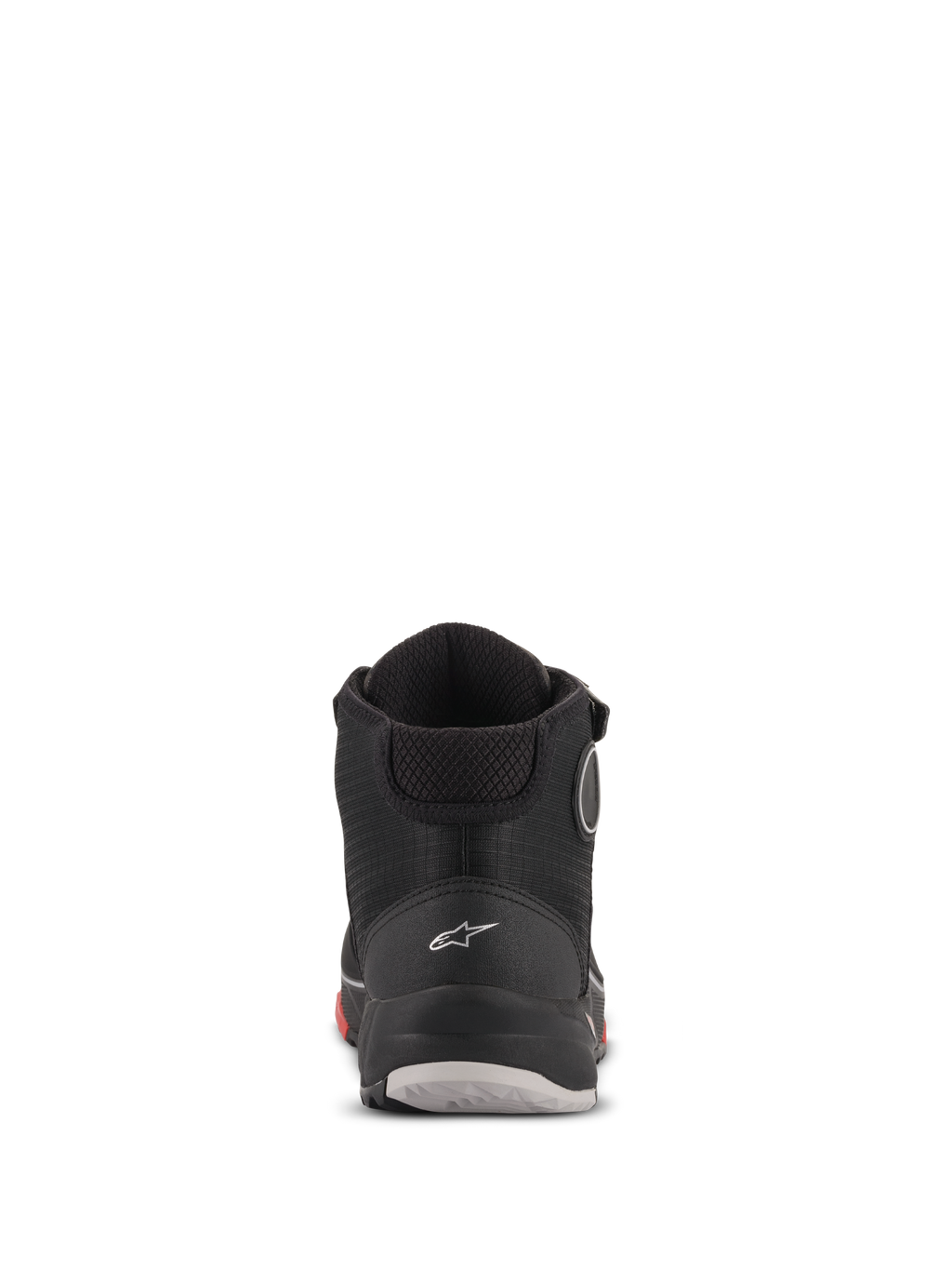 Alpinestars CR-X Drystar® Motorradschuhe, Rückansicht, Schwarz Camo Rot, mit weißem Astars-Logo an der Ferse, gepolstertem Knöchelkragen und einer strapazierfähigen Sohle mit roten und grauen Akzenten.