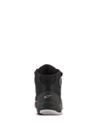 Alpinestars CR-X Drystar® Motorradschuhe, Rückansicht, Schwarz Camo Rot, mit weißem Astars-Logo an der Ferse, gepolstertem Knöchelkragen und einer strapazierfähigen Sohle mit roten und grauen Akzenten.