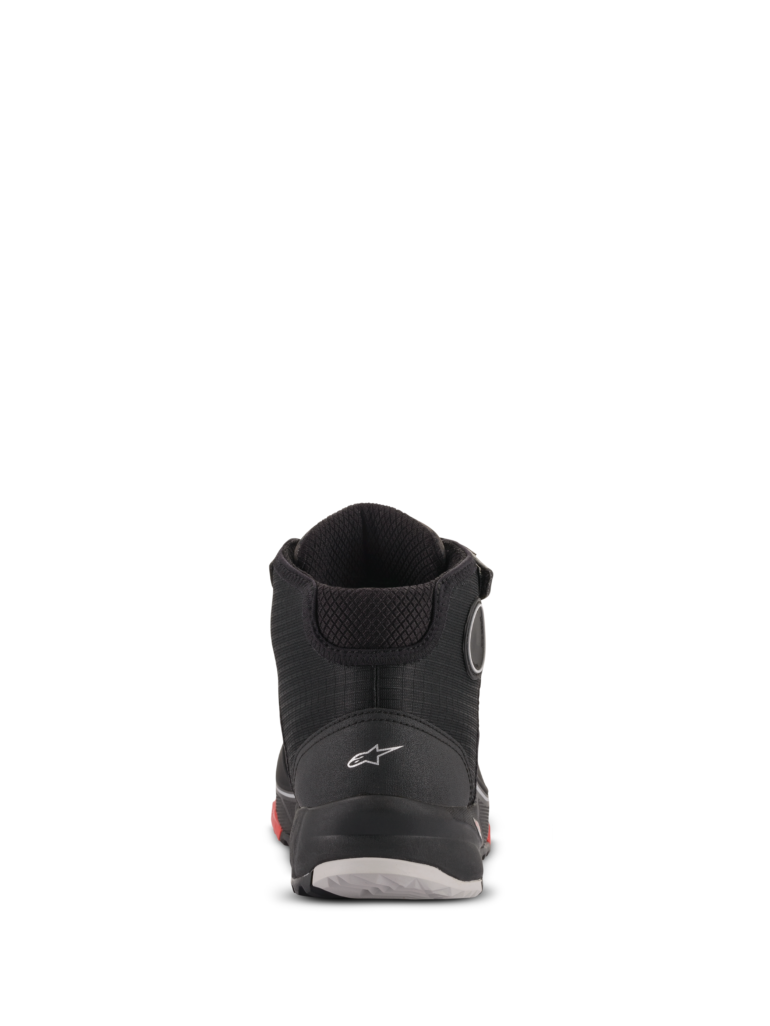 Alpinestars CR-X Drystar® Motorradschuhe, Rückansicht, Schwarz Camo Rot, mit weißem Astars-Logo an der Ferse, gepolstertem Knöchelkragen und einer strapazierfähigen Sohle mit roten und grauen Akzenten.