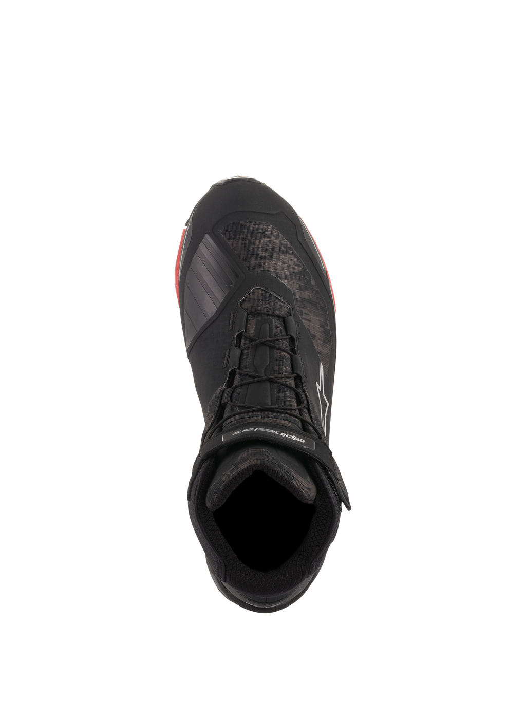 Alpinestars CR-X Drystar® Motorradschuhe, Black Camo Red, Draufsicht mit Camouflage-Muster und schwarzen Schnürsenkeln, Knöchelriemen mit weißem Alpinestars-Branding, wasserdichte Motorradschuhe mit roten Sohlenakzenten