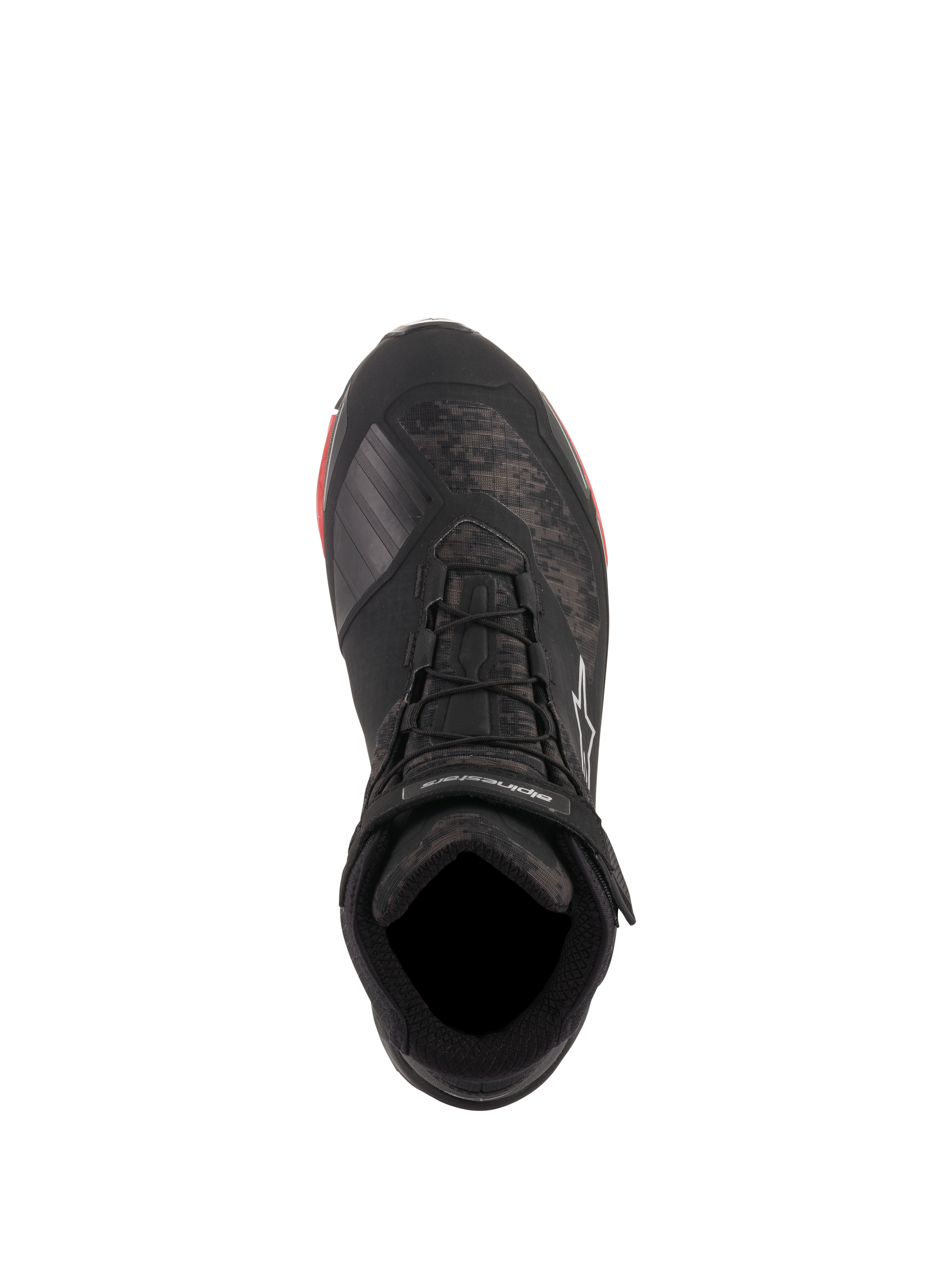 Alpinestars CR-X Drystar® Motorradschuhe, Black Camo Red, Draufsicht mit Camouflage-Muster und schwarzen Schnürsenkeln, Knöchelriemen mit weißem Alpinestars-Branding, wasserdichte Motorradschuhe mit roten Sohlenakzenten