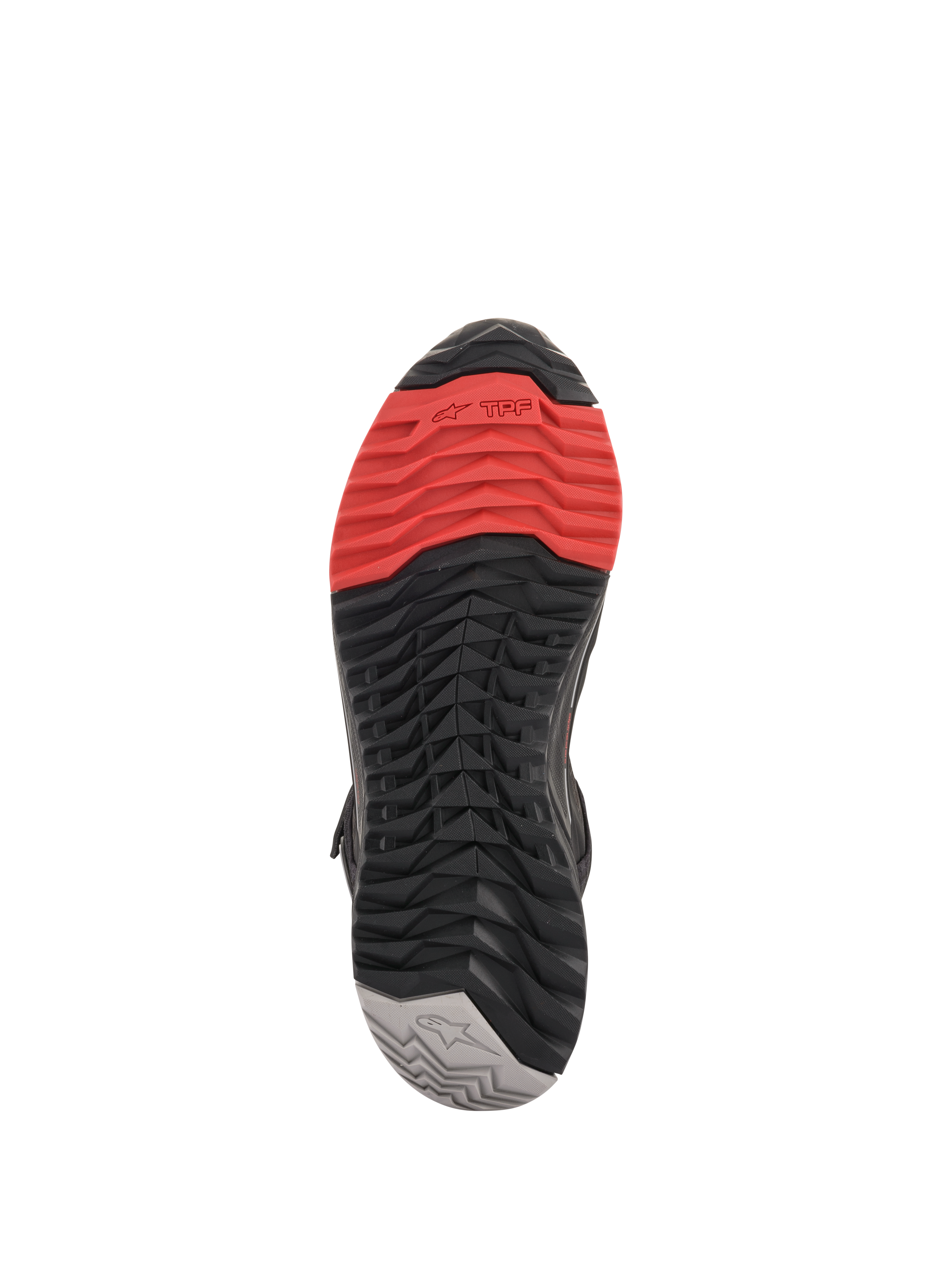 Alpinestars CR-X Drystar® Riding Shoes, Sohlenansicht, mehrfarbiges Profilmuster mit Rot an der Spitze, schwarzem Mittelteil und grauer Ferse, aggressives Grip-Design für Schutz beim Fahren und Gehkomfort.