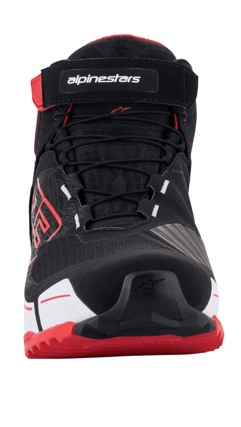 Alpinestars MM93 CR-X Drystar® Riding Shoes, Motorcycle Riding Shoes, Black Red and White, front view showing lacing system and Velcro strap with branding, red outsole and MM93 logo on the side, sporty protective footwear