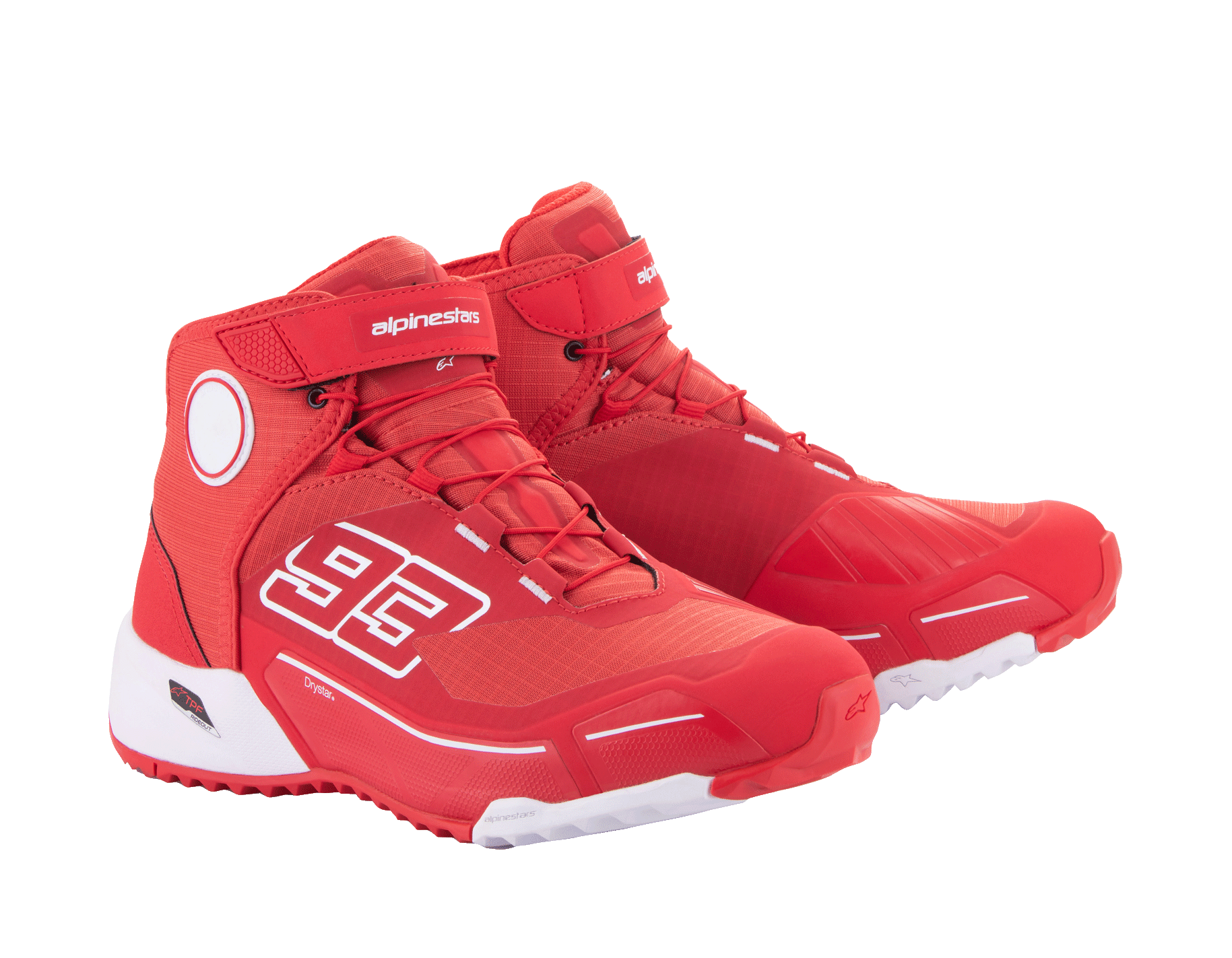 Alpinestars MM93 CR-X Drystar® Riding Shoes, Bright Red and White, side view, featuring '93' graphic on the side, Alpinestars logo on the strap, white technical sole, and a running-shoe-inspired silhouette for motorcycle riding