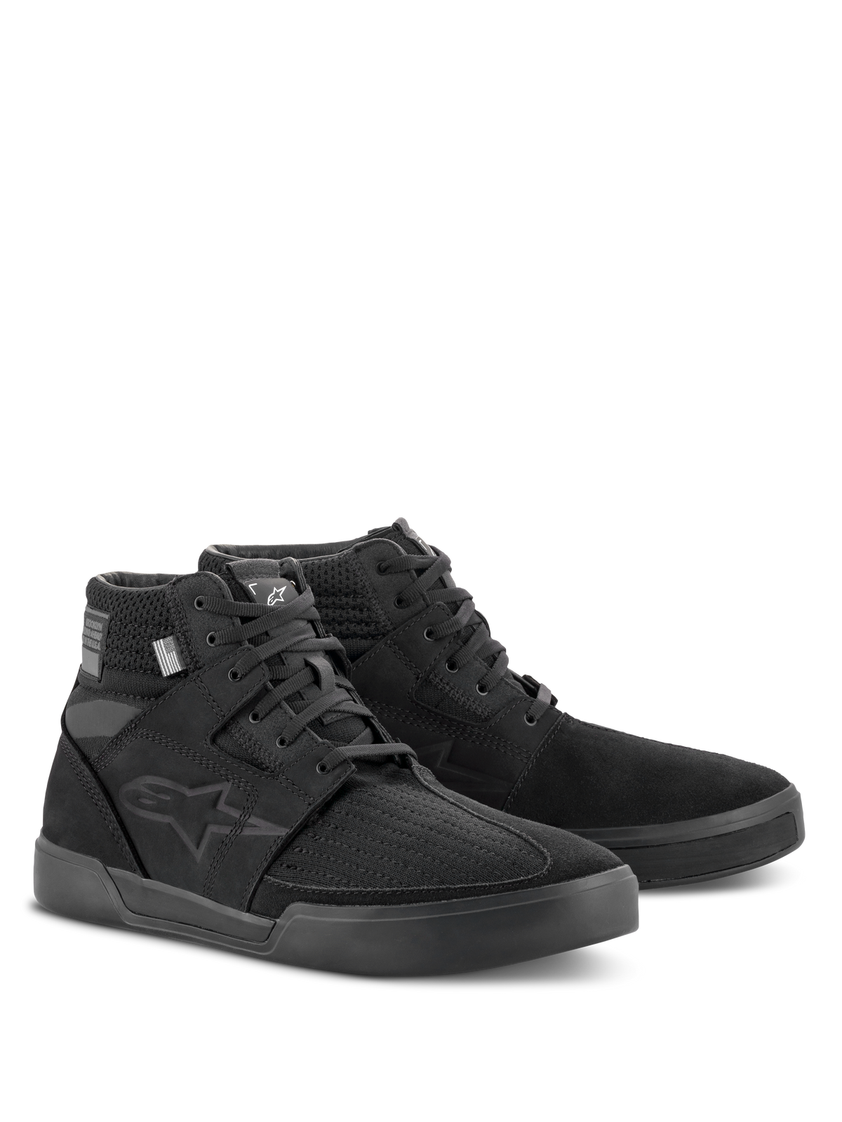 Alpinestars Primer Riding Shoes, Black Black, high-top motorcycle riding footwear, casual urban design with mixed textile and suede construction, featuring tonal Astars logo on the side, designed for protection and off-bike comfort