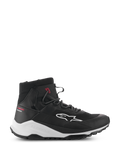 Alpinestars Speedforce XR Shoes, Black and White High-Top Motorcycle Sneakers, Urban Riding Footwear, Side Profile with Mesh Textile Upper, White Side Logo, Thick White Midsole with Alpinestars Branding, and Red Urban Series Text on the Heel