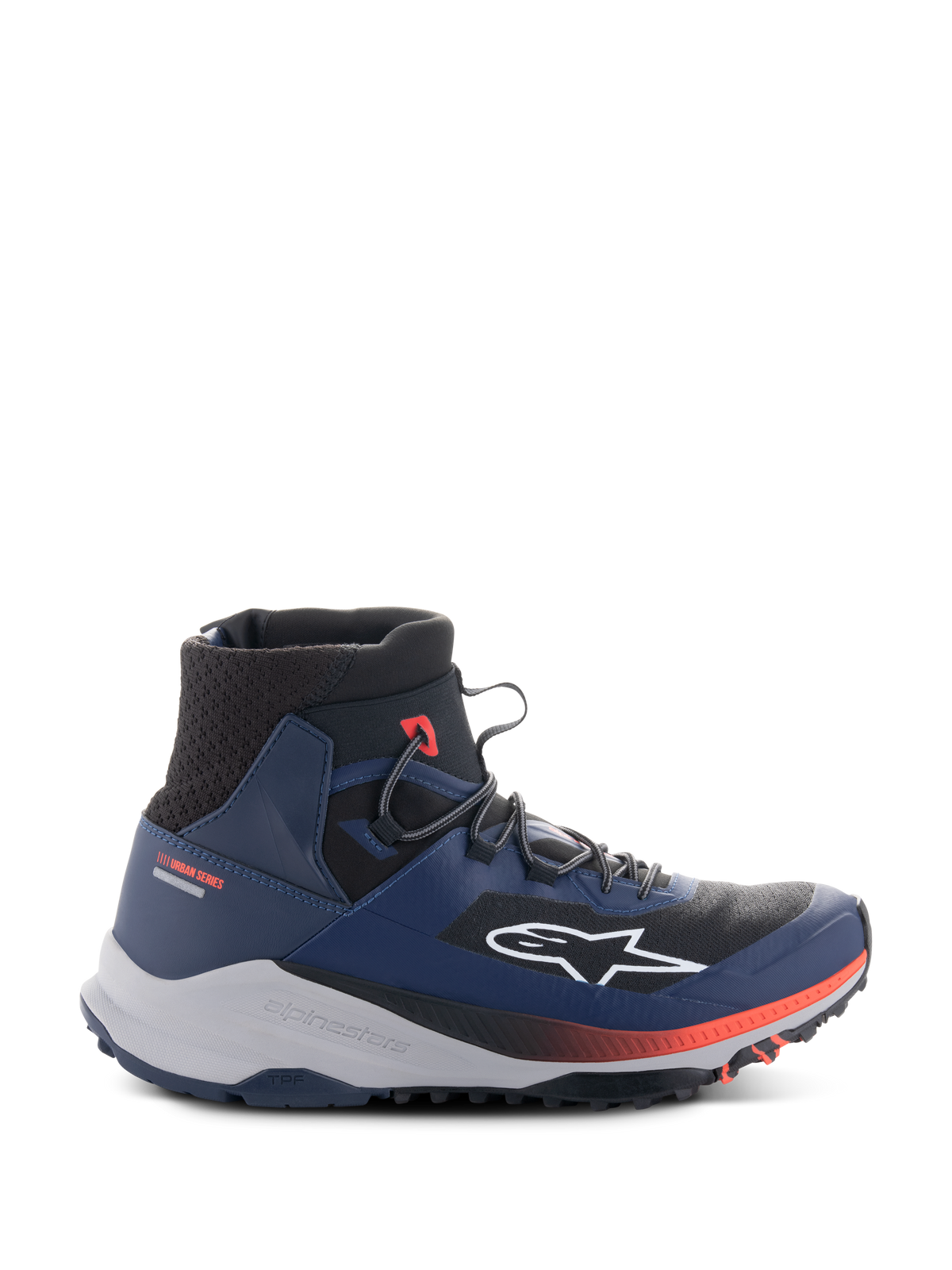 Alpinestars Speedforce XR Schuhe, High-Top Urban Motorrad-Sneaker, Blau und Schwarz mit roten Akzenten, robuste hellgraue Sohle, Mesh-Struktur am Knöchel, Seitenansicht