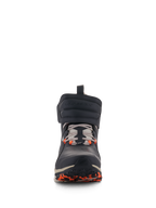 Alpinestars Speedstreet Schuhe, Urbane Motorradschuhe, Schwarz, Almond und Hot Orange, Vorderansicht mit großem Klettverschluss-Knöchelriemen, Schnürverschluss und orangefarbenen Akzenten an der Sohle