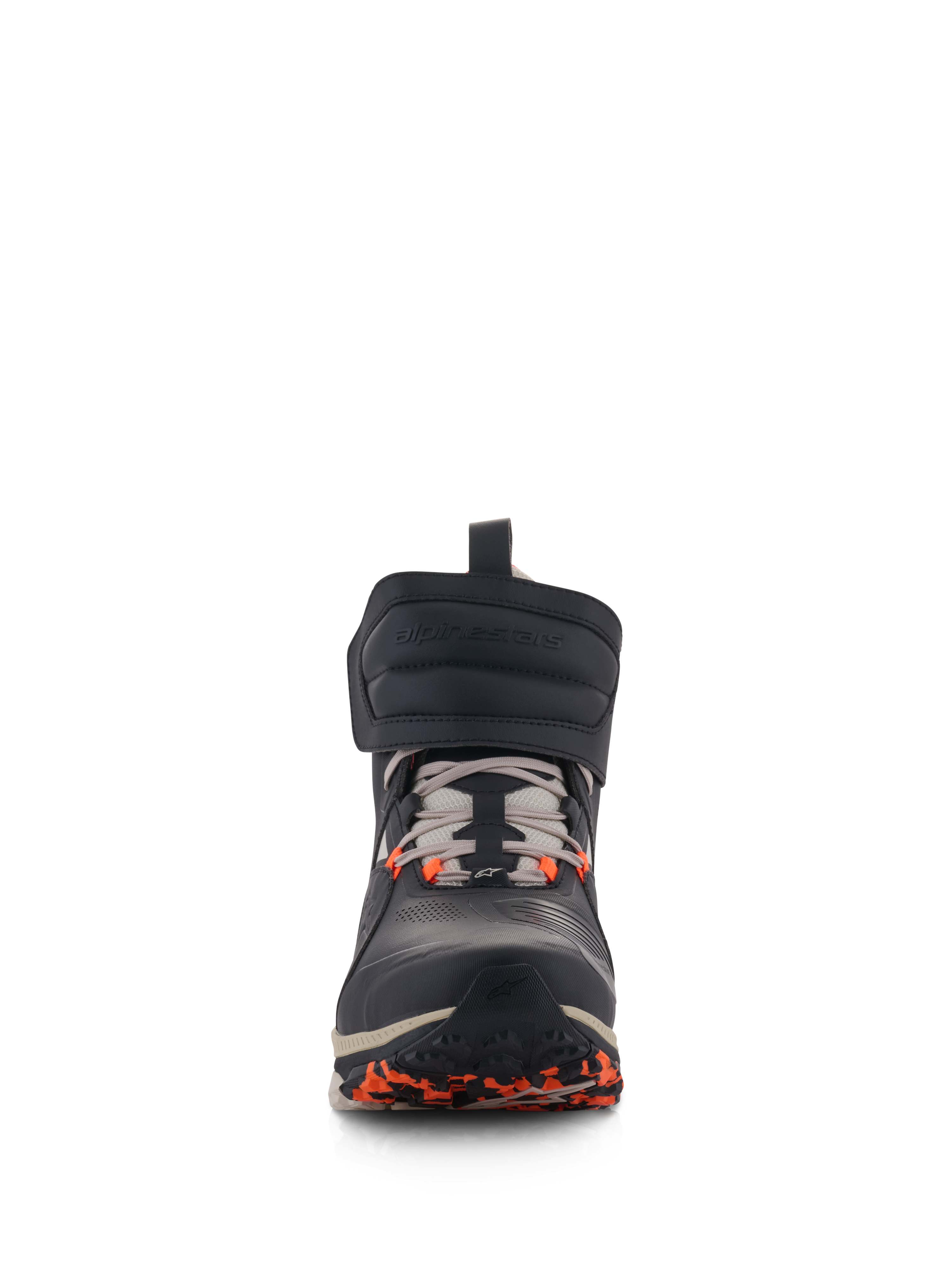 Alpinestars Speedstreet Schuhe, Urbane Motorradschuhe, Schwarz, Almond und Hot Orange, Vorderansicht mit großem Klettverschluss-Knöchelriemen, Schnürverschluss und orangefarbenen Akzenten an der Sohle