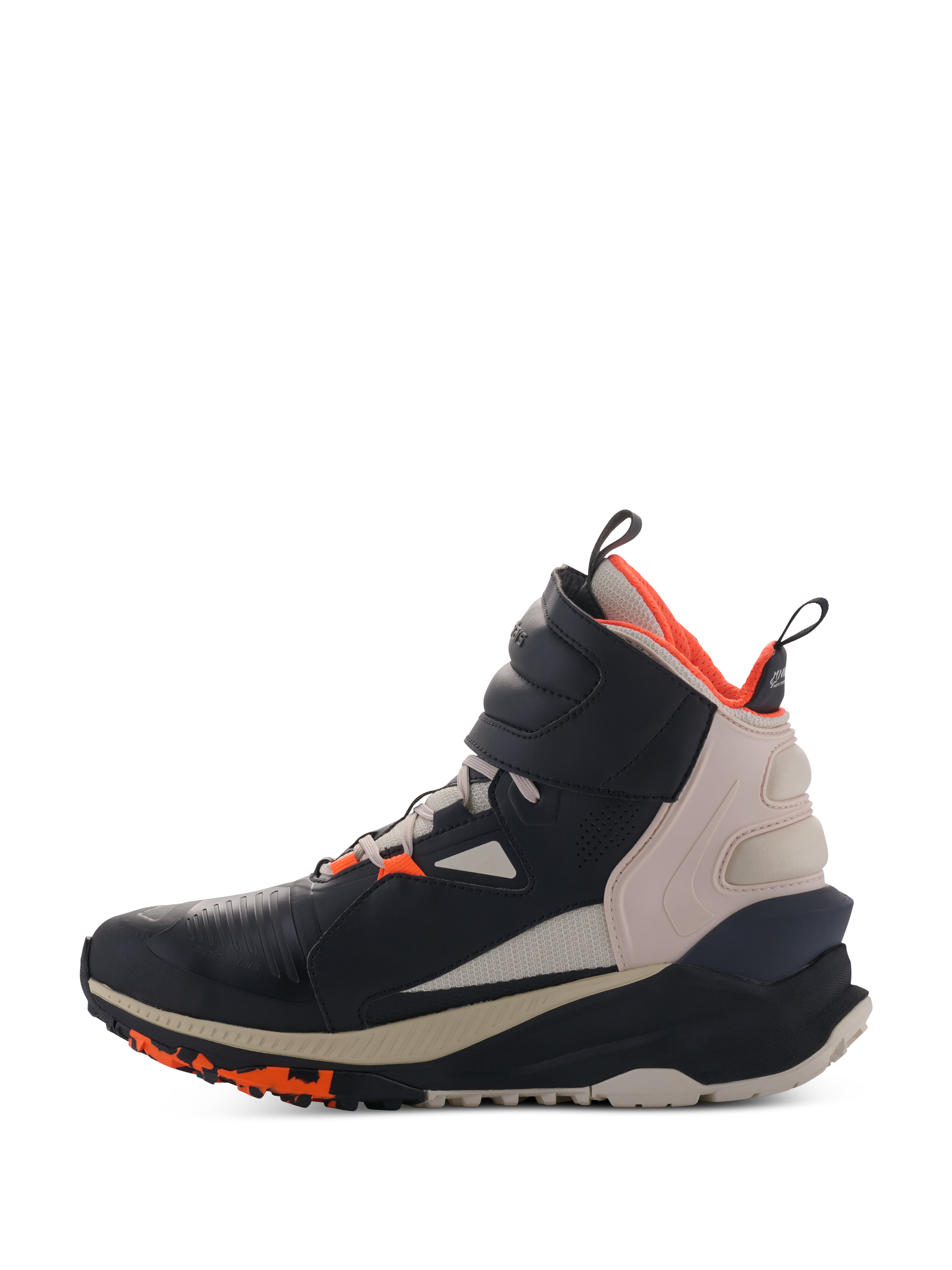 Alpinestars Speedstreet Schuhe, Black Almond Hot Orange, hoher Motorradschuh mit Mikrofaser-Obermaterial, mandelbeiger Fersenpartie und hot-orangefarbenem Innenfutter, mit großem Knöchelriemen und strukturierter Sohle, urbanes Streetwear-inspiriertes Design
