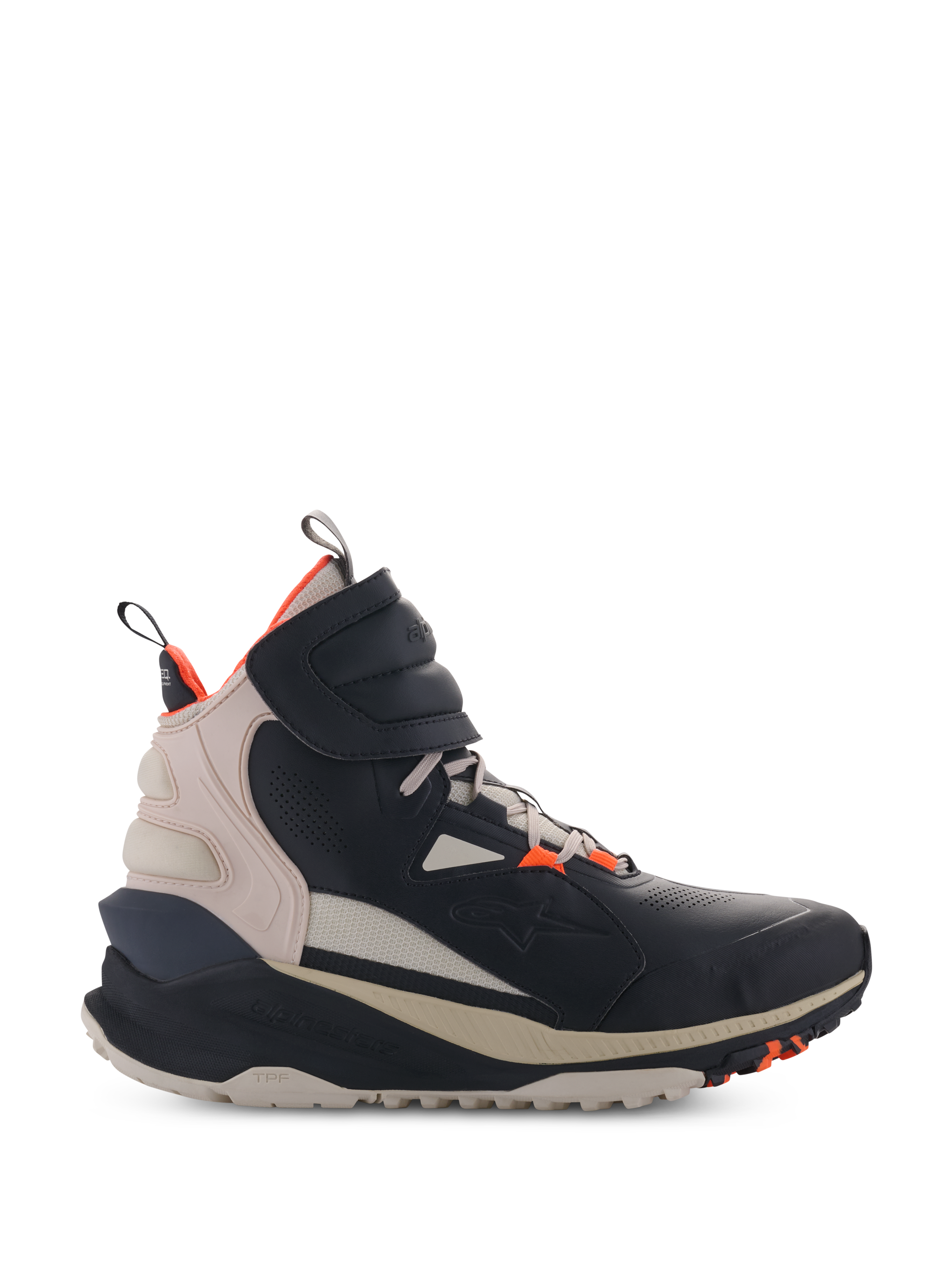 Alpinestars Speedstreet Schuhe, hochgeschnittene Motorrad-Sneaker, Schwarz und Almond mit Hot Orange Akzenten, Street-Style-Obermaterial aus Mikrofaser mit perforierten Details, dicke ergonomische Sohle, modernes urbanes Design für Motorradfahrer mit Klettverschlussriemen