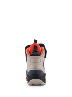Alpinestars Speedstreet Schuhe, Motorradschuhe, Schwarz, Almond und Hot Orange, Rückansicht mit verstärkter Fersenkappe, Mikrofaser-Einsätzen in Almond, leuchtend oranges Innenfutter und MO.ST.EQ. Branding