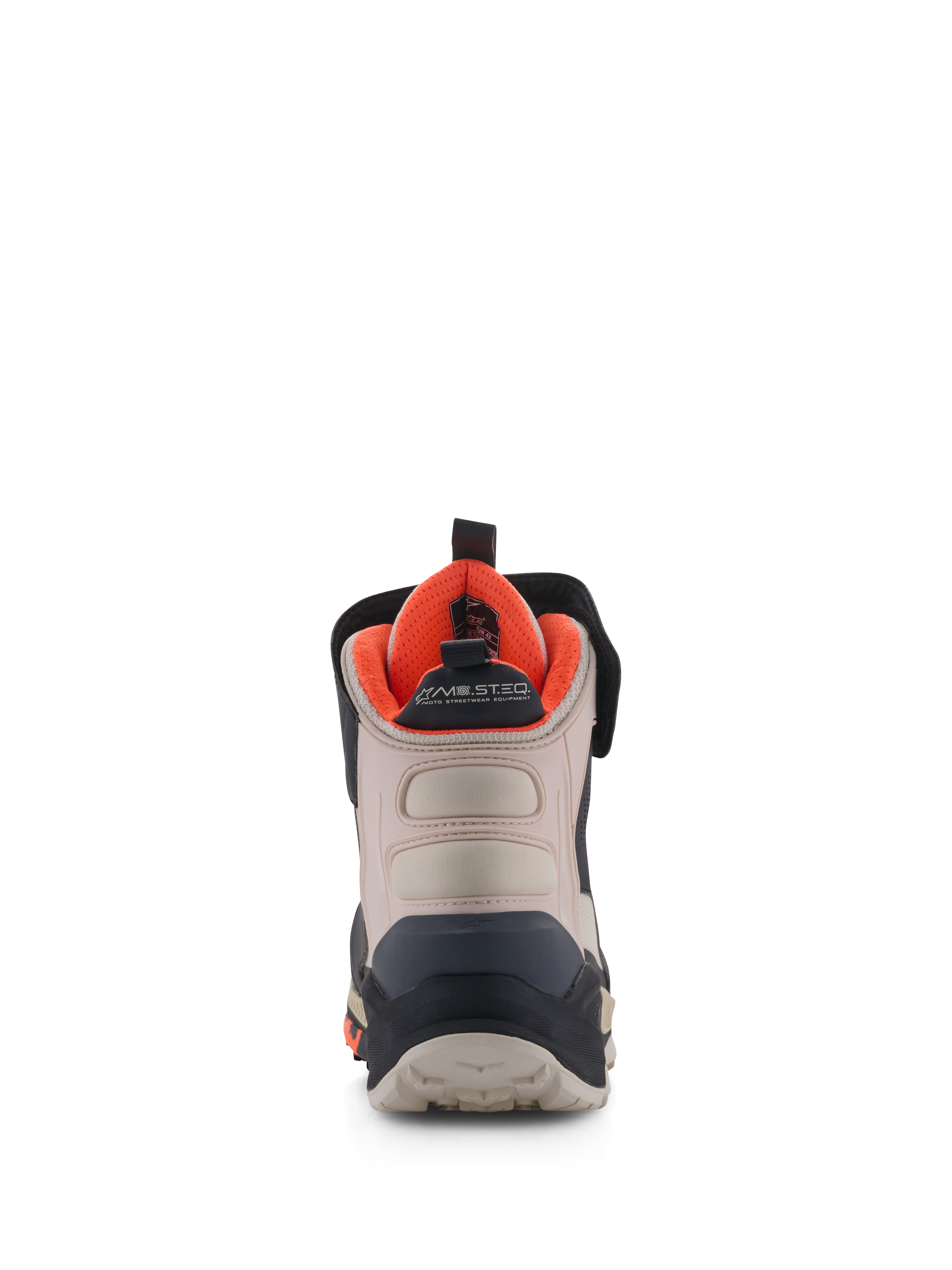 Alpinestars Speedstreet Schuhe, Motorradschuhe, Schwarz, Almond und Hot Orange, Rückansicht mit verstärkter Fersenkappe, Mikrofaser-Einsätzen in Almond, leuchtend oranges Innenfutter und MO.ST.EQ. Branding