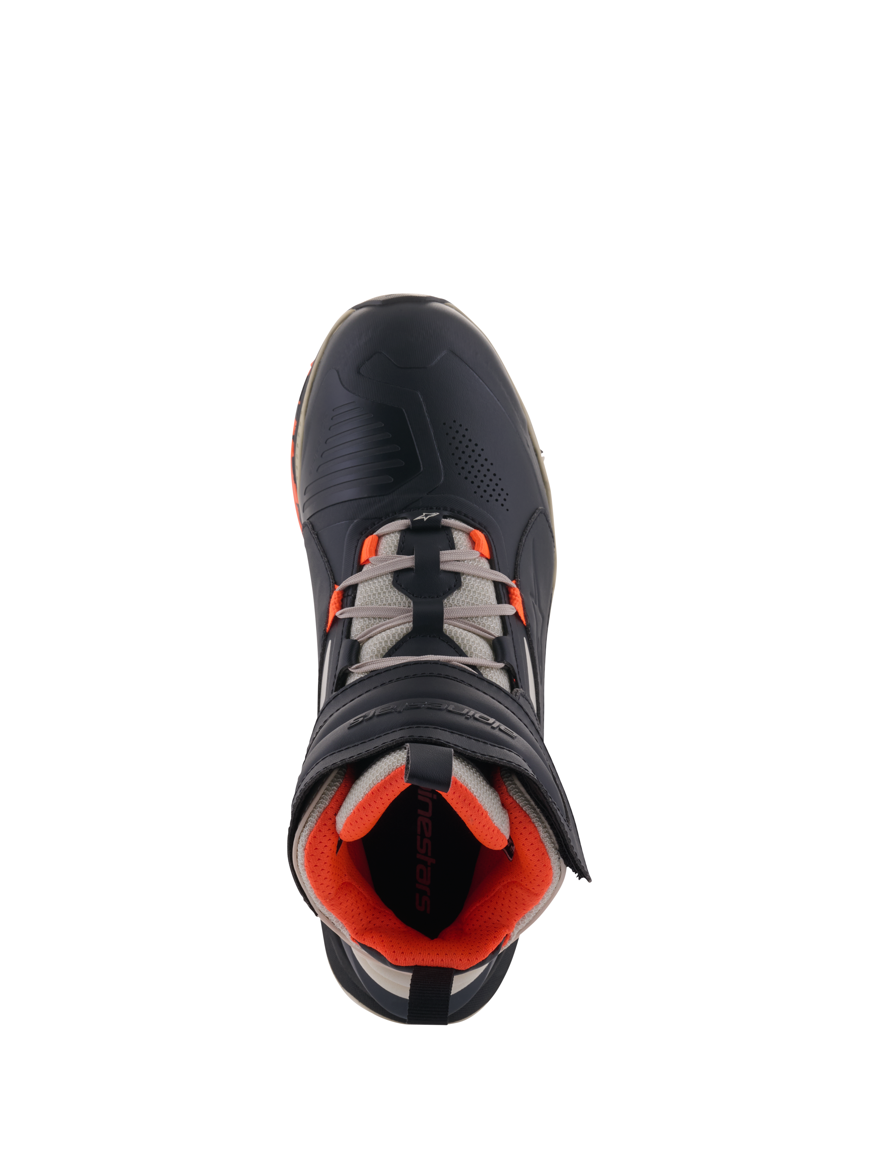 Alpinestars Speedstreet Schuhe, Motorradschuhe, Black Almond Hot Orange, Draufsicht mit schwarzem Mikrofaser-Obermaterial und orangefarbenen Akzenten, mandelgraue Schnürsenkel, ergonomischer Klettverschluss, urbanes, vom Motorsport inspiriertes Design
