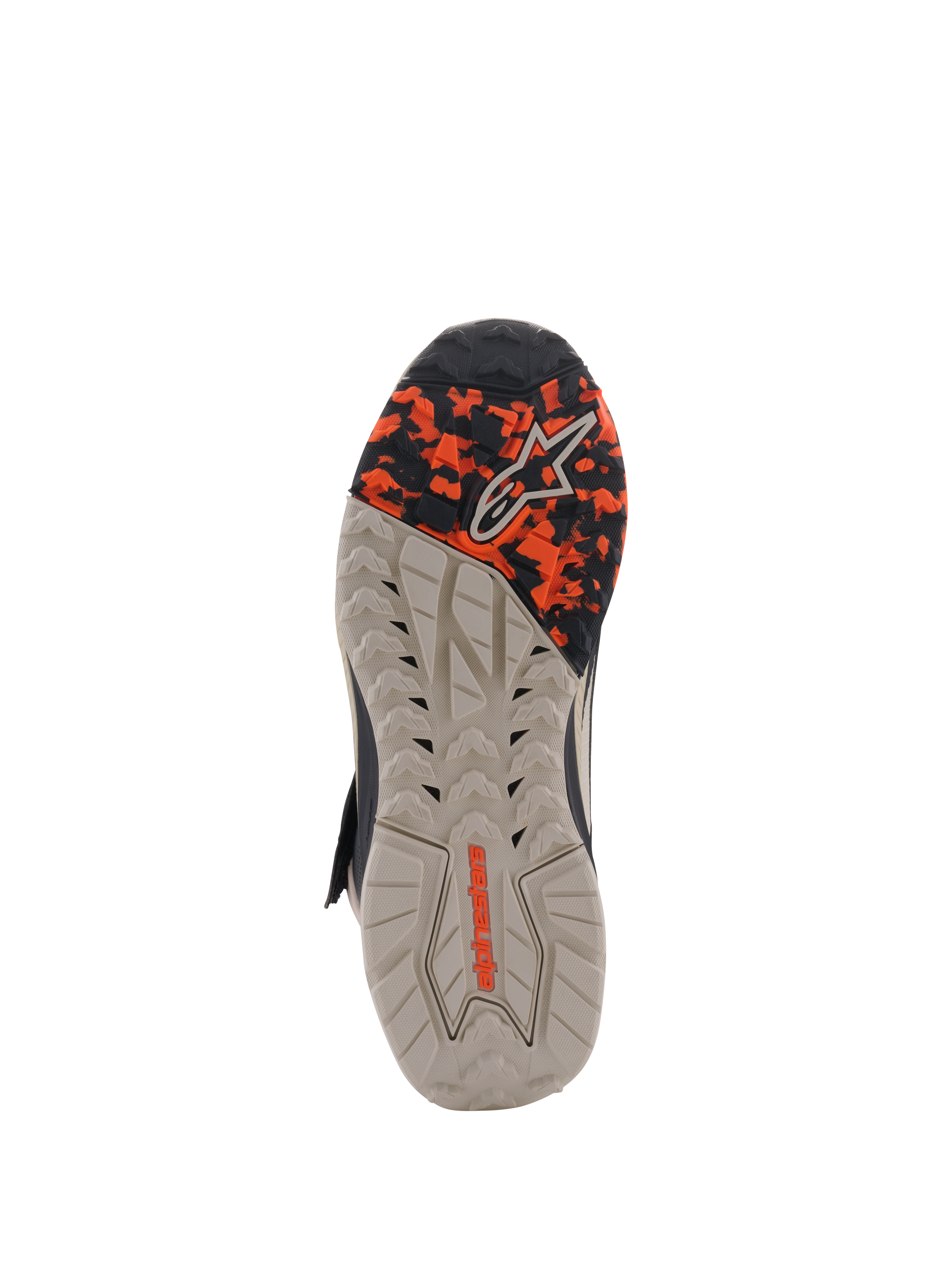 Alpinestars Speedstreet Schuhe, Ansicht der Außensohle, Black Almond Hot Orange, mit einer strukturierten, ölbeständigen Gummisohle, einem Camo-Muster im Vorderfußbereich und geprägtem Alpinestars-Branding, entwickelt für Grip und Stabilität.