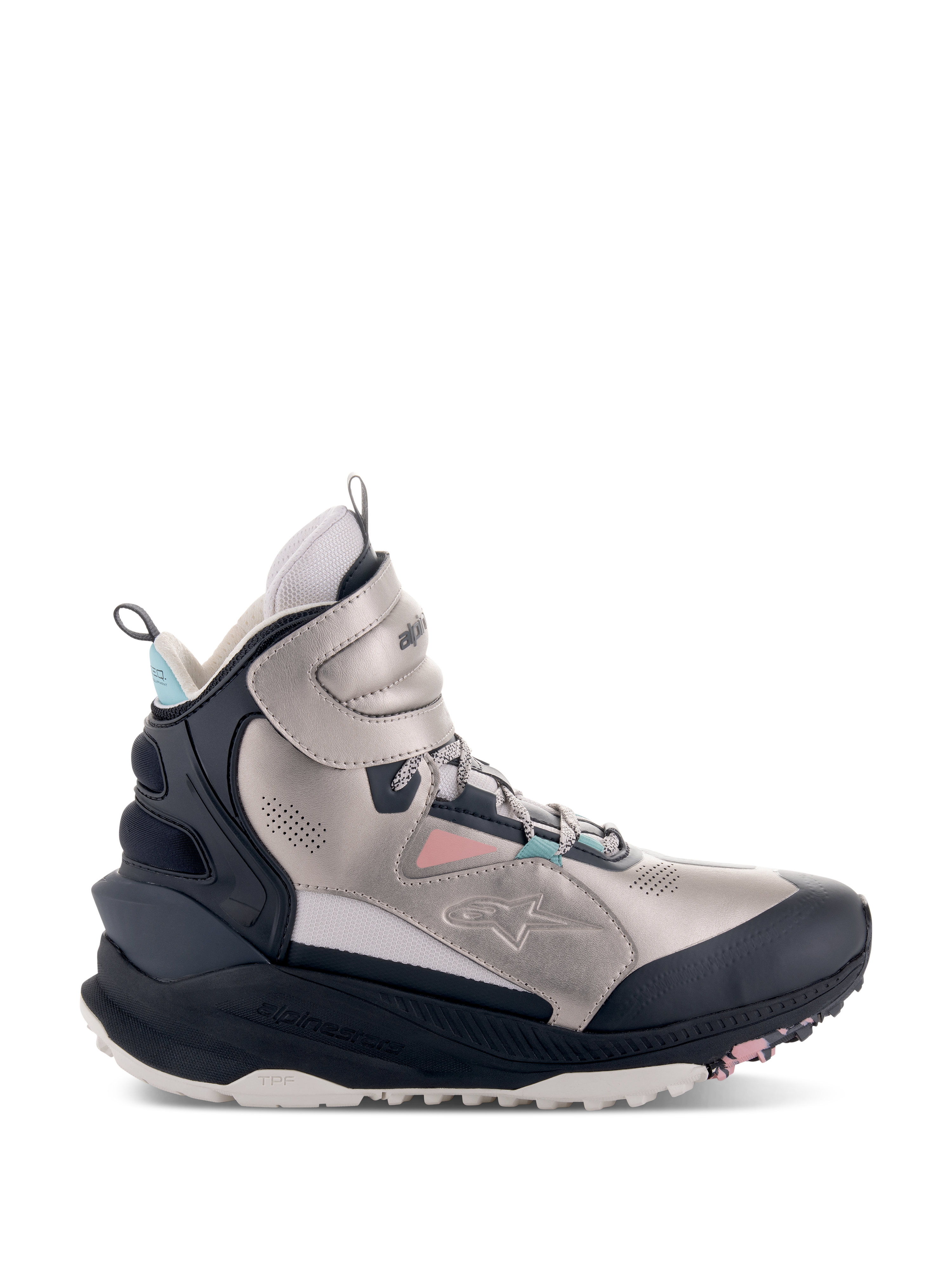 Alpinestars Speedstreet Schuhe, High-Top-Motorradschuhe, Ecru, Koralle, Schwarz und Aqua, metallisch-silberfarbenes Mikrofaser-Obermaterial mit schwarzen Schutzpaneelen, korallenrosa und aquablaue Akzente, klobige Sohle mit TPF-Branding, urbanes Streetwear-Design