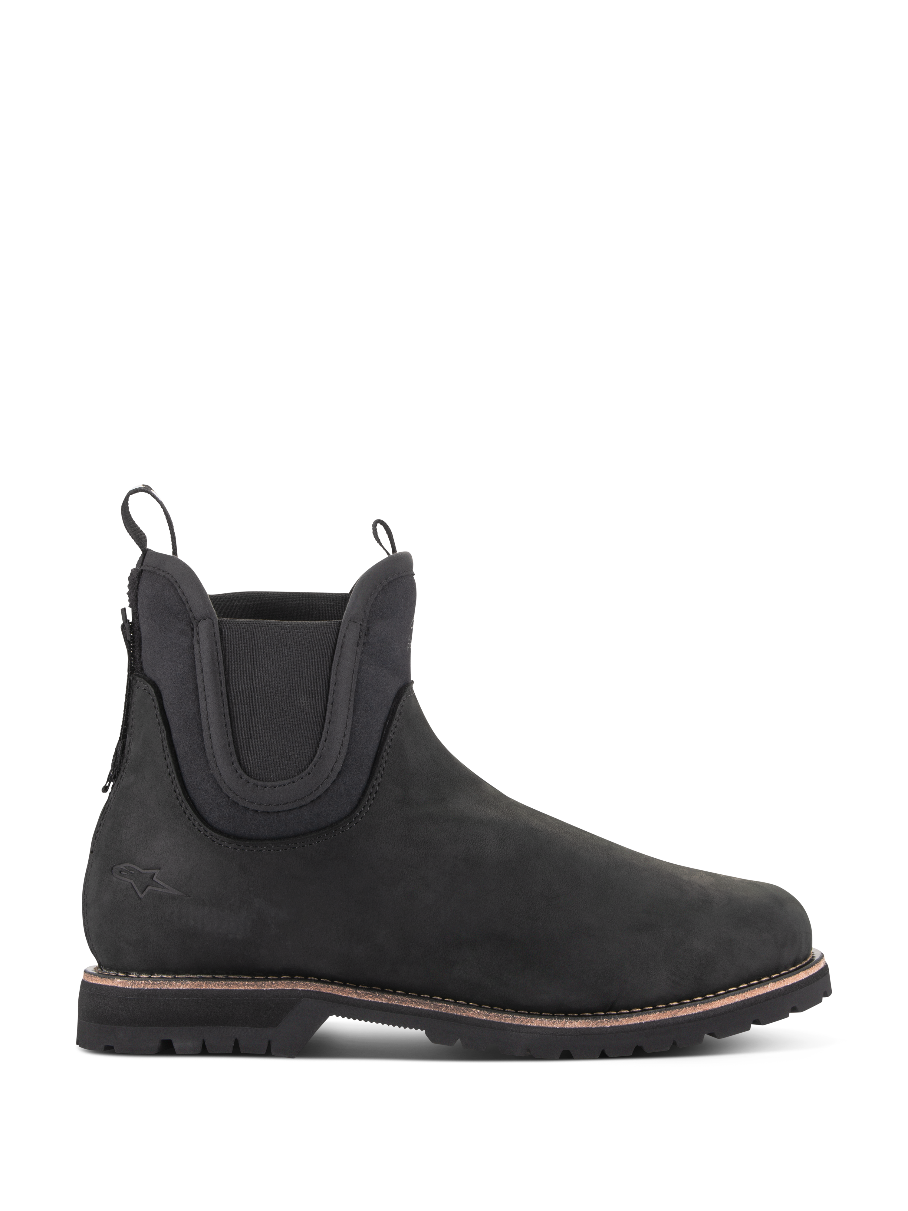 Alpinestars Turnstone Schuhe in Schwarz, Motorrad-Stiefeletten im Chelsea-Stil, mattes Rindsleder mit elastischen Seitenpaneelen, dicke Profilsohle mit braunem Rahmen-Detail, zwei Zuglaschen, schützendes Schuhwerk für urbane Fahrten