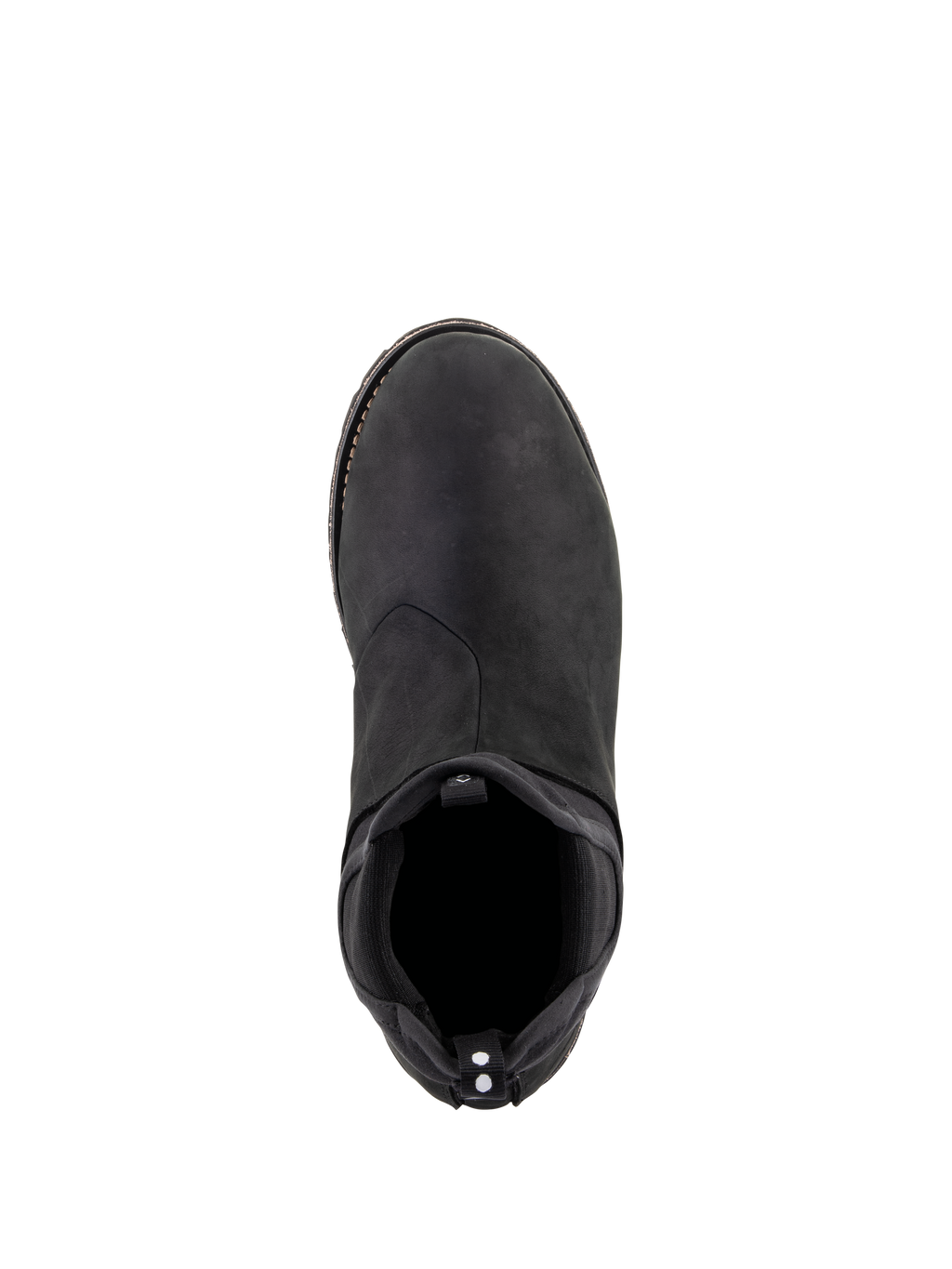 Alpinestars Turnstone Shoes, Black Black, top-down view of a bovine leather urban motorcycle riding shoe featuring an elasticated Chelsea-style entrance and a rear pull tab with white dots, minimalist protective footwear for road use.