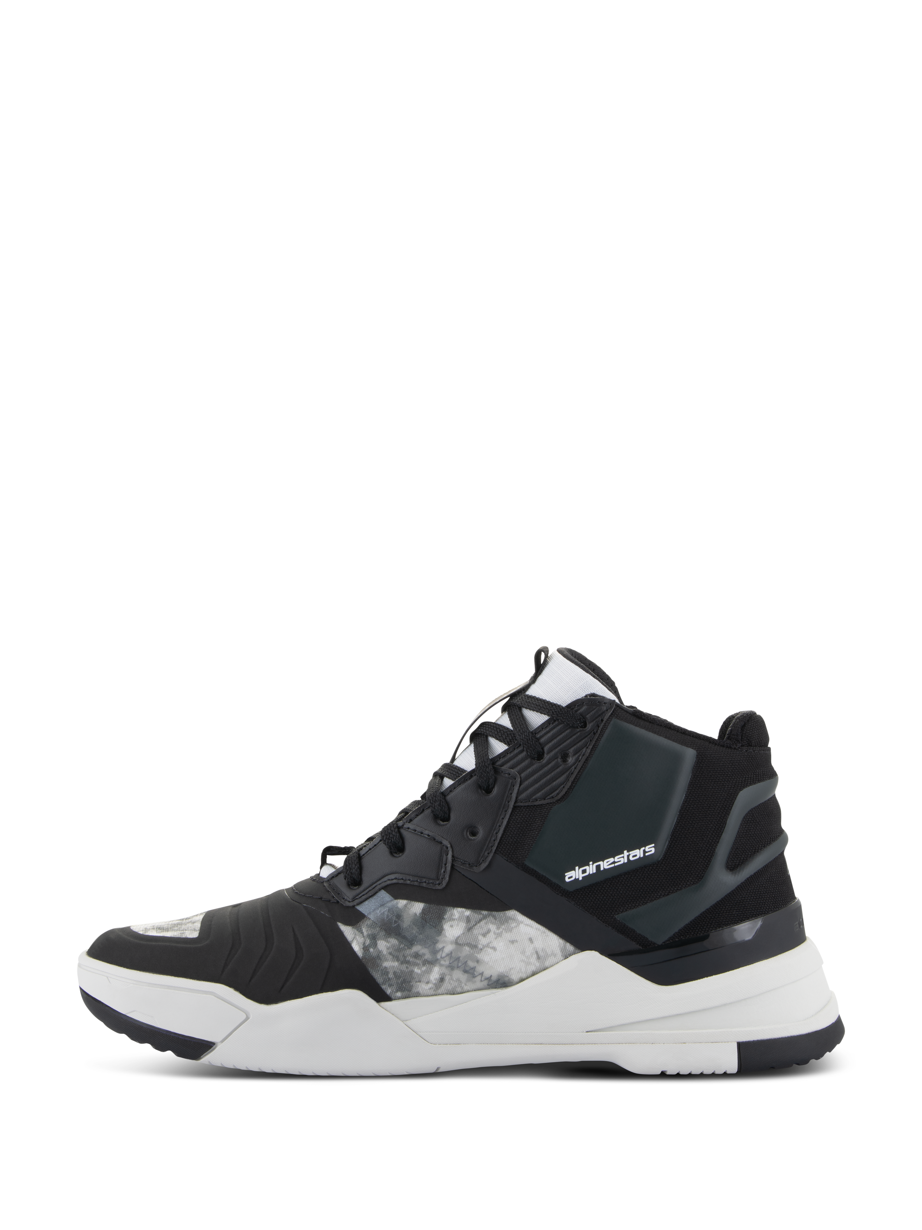 Alpinestars Speedflight Shoes, Motorcycle Riding Shoes, Black Gray and White, side profile view featuring ripstop textile upper with gray patterned panels, black reinforced heel, and thick white midsole with brand logo, urban sport-styled design