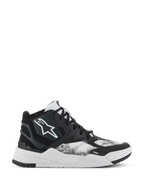 Alpinestars Speedflight Shoes, High-Top Performance Riding Sneakers, Black Gray and White, featuring a white star logo, textured ripstop pattern on side panels, and a thick white geometric sole with TPF branding