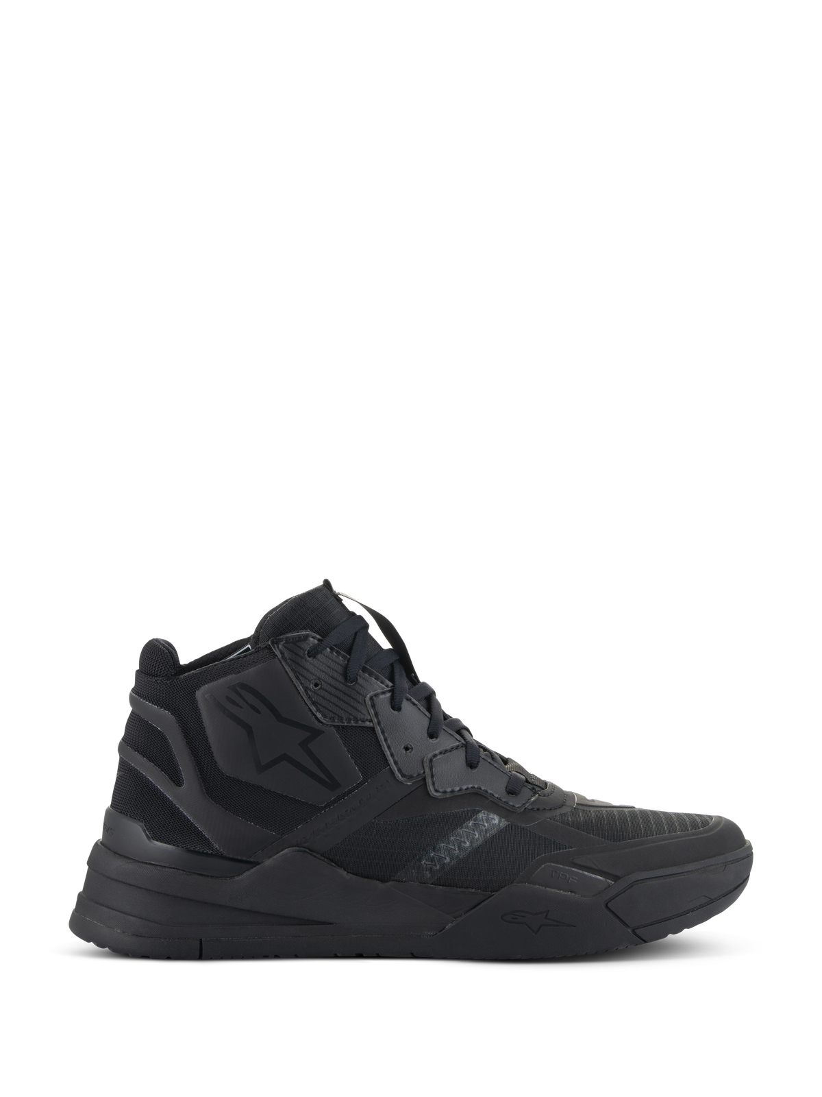 Alpinestars Speedflight Shoes, Black High-Top Sneakers, Urban Motorcycle Riding Footwear, Ripstop Upper with Seamless Reinforcement, Alpinestars Star Logo, Thick Dual Density Sole, Modern Streetwear Style