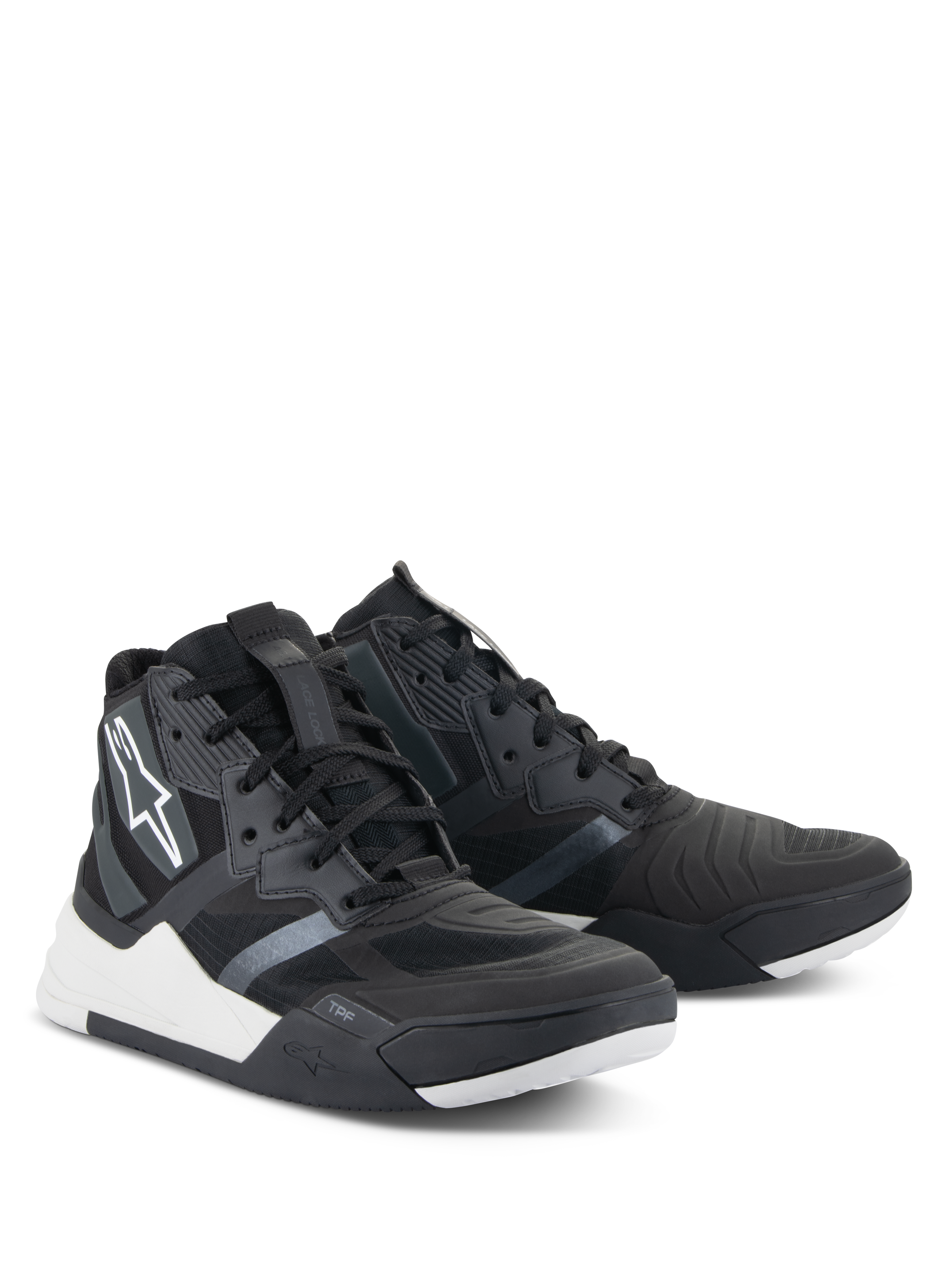 Alpinestars Speedflight Shoes, Performance Riding Shoes, Black and White, street-styled motorcycling sneakers featuring a ripstop upper, white midsole accents, and Alpinestars logo on the side