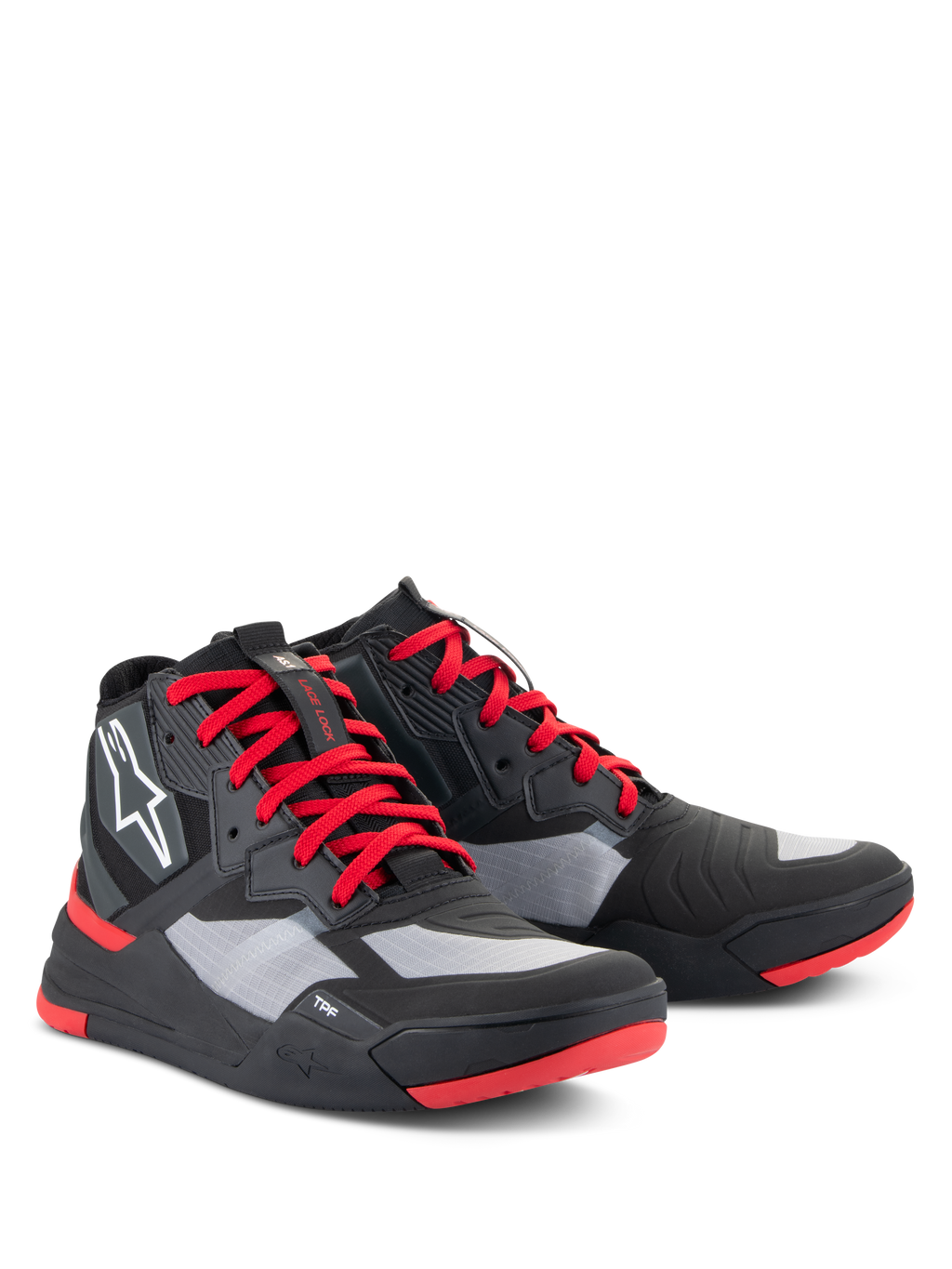 Alpinestars Speedflight Shoes, Performance Riding Shoes, Black Bright Red and White, featuring a ripstop upper with gray panels, red laces and sole accents, white Astars logo on the side, sport-styled motorcycle sneaker design