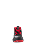 Alpinestars Speedflight Shoes, Performance Riding Shoes, Black Bright Red and White, front view featuring vibrant red laces, lace lock holder strap on the tongue, and seamless reinforcement panels for urban motorcycle riding.