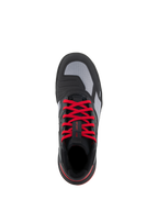 Alpinestars Speedflight Shoes, Performance Riding Shoes, Black Bright Red White, top-down view featuring vibrant red laces, grey ripstop upper panels, and integrated shift pad, urban motorcycle footwear.