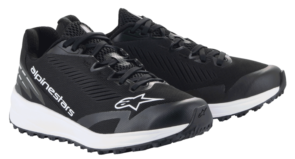 Alpinestars Meta Road V2 Shoes, Sportswear Shoes, Black and White, breathable mesh upper with white Alpinestars branding, thick white midsole, athletic design for race-team workwear