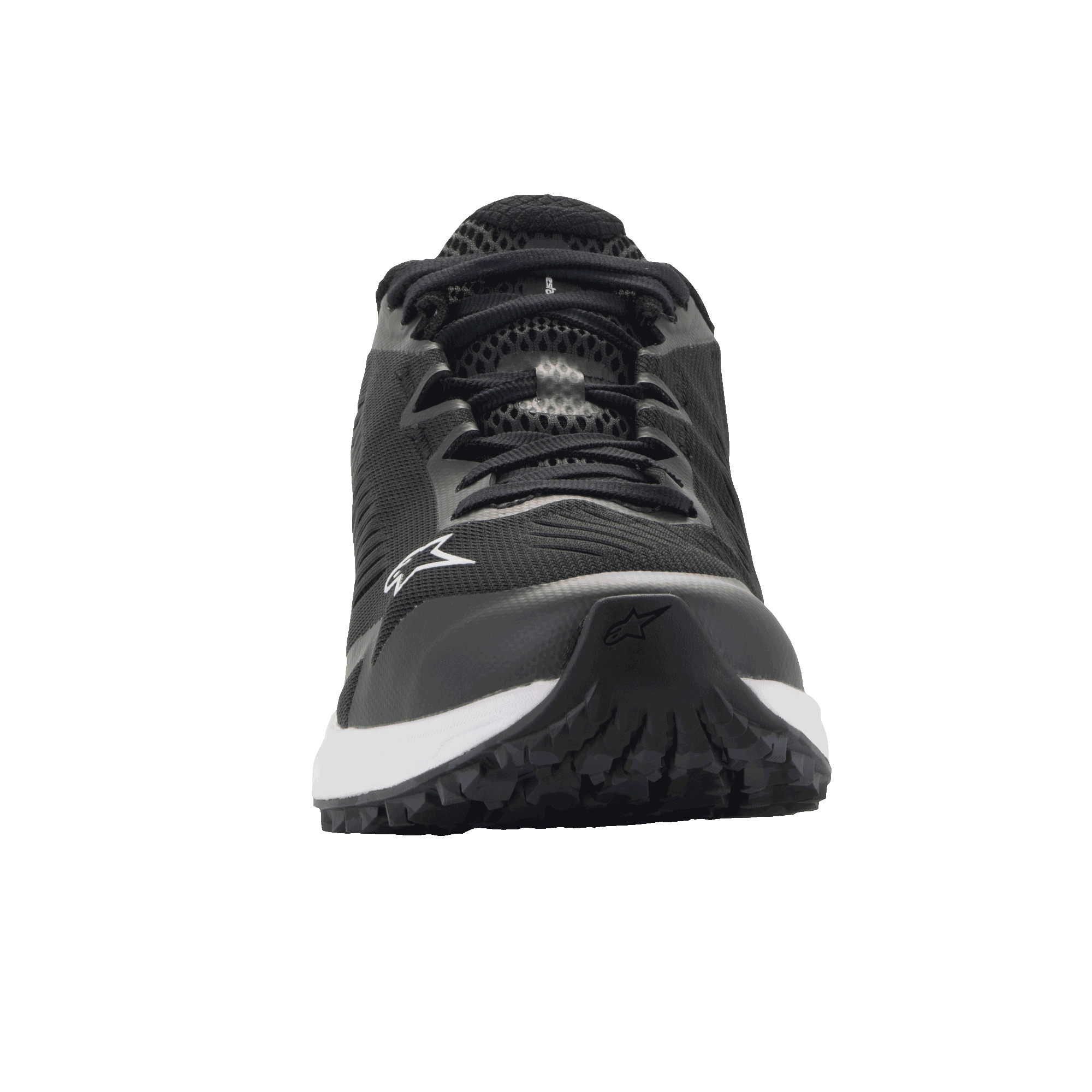 Alpinestars Meta Road V2 Shoes, Sportswear Shoes, Black and White, front view featuring breathable mesh construction, white midsole, and Alpinestars logo on the side and toe, lightweight motorsport-inspired workwear