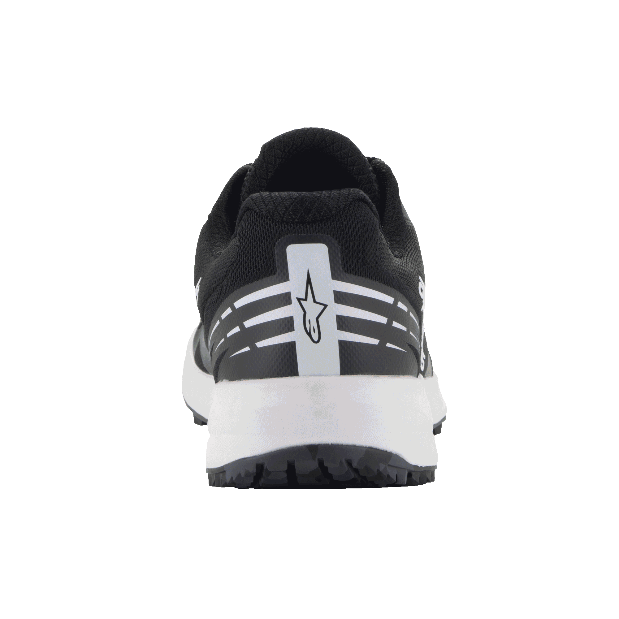 Alpinestars Meta Road V2 Shoes, Sportswear Shoes, Black and White, rear view featuring white Alpinestars star logo and horizontal stripes on the heel, white midsole, lightweight breathable design for race-team workwear