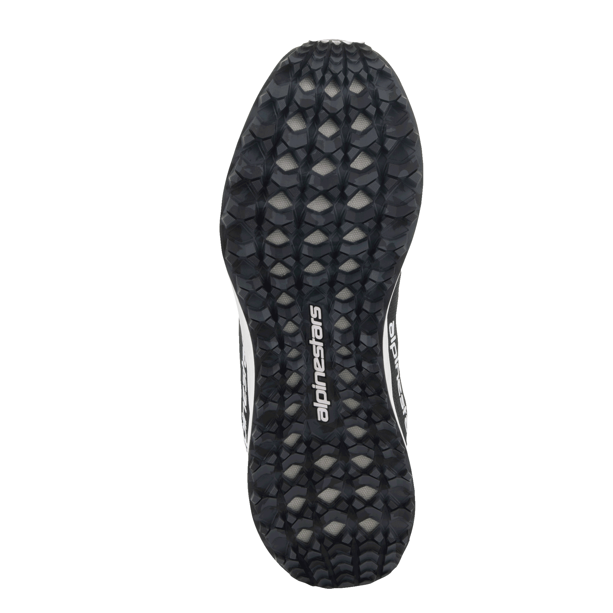 Alpinestars Meta Road V2 Shoes, bottom view of the outsole, black and grey camouflage-style studded grip pattern, white Alpinestars wordmark logo, durable rubber sole for multi-terrain traction