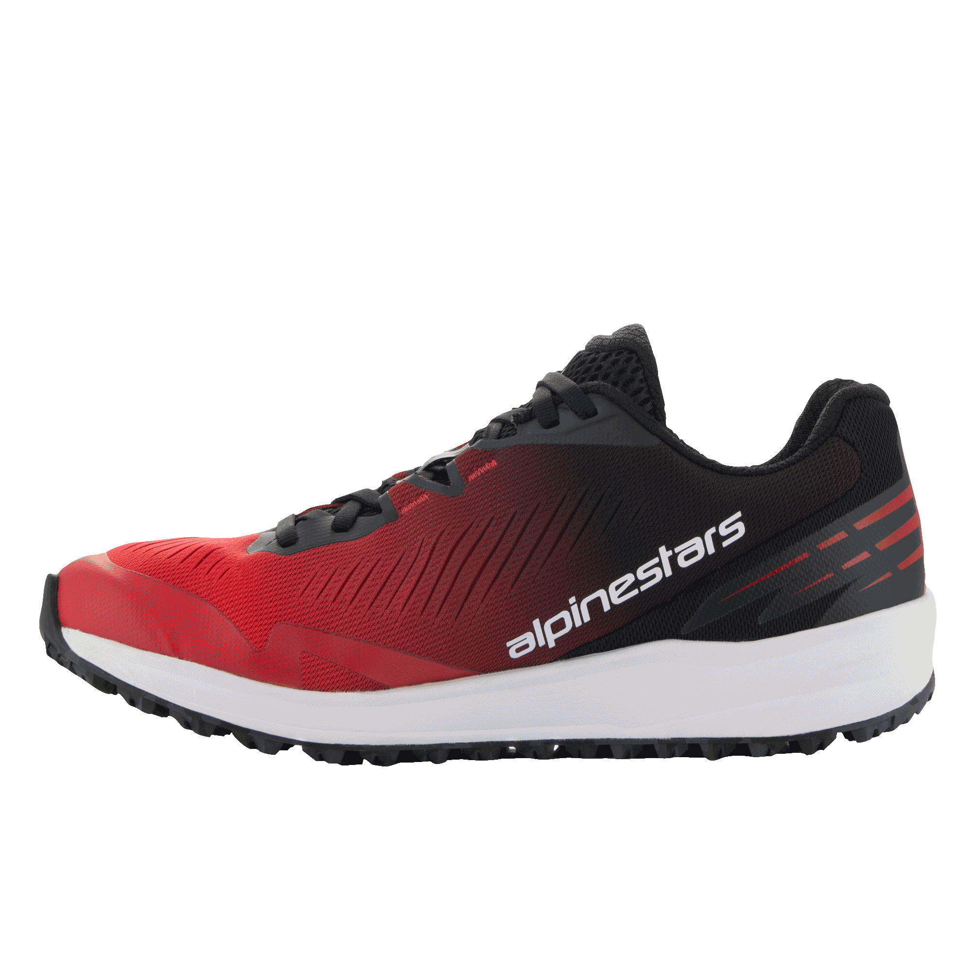 Alpinestars Meta Road V2 Shoes, Sportswear Shoes, Red and Black gradient with White midsole, side profile featuring white Alpinestars text branding, lightweight athletic design for all-day comfort