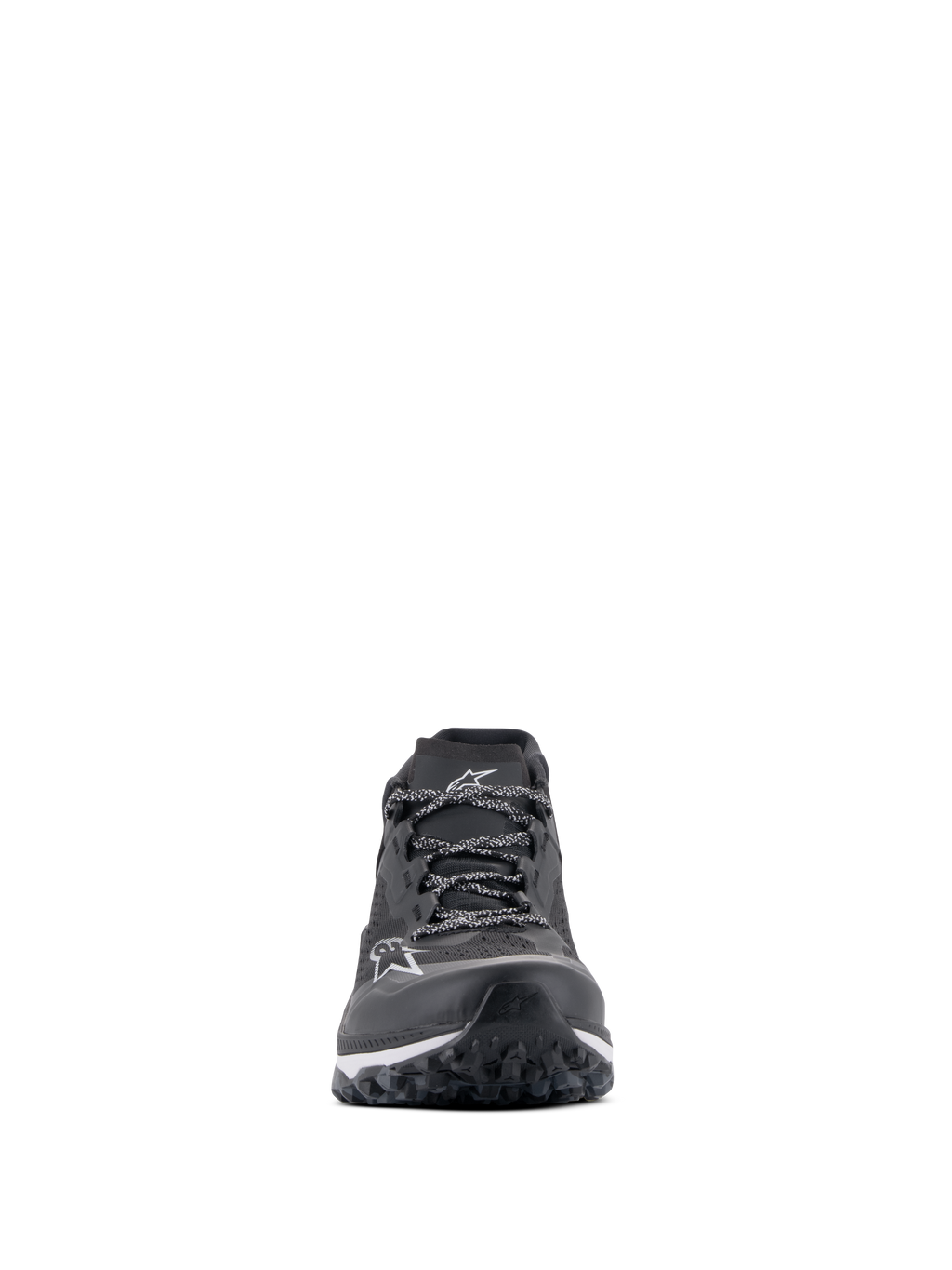 Alpinestars Meta XR V2 Schuhe, Sportlicher Freizeitschuh, Schwarz, Weiß und Dunkelgrau, Vorderansicht mit technischem Mesh-Obermaterial, gemusterten Schnürsenkeln, weißem Alpinestars-Logo auf der Zehenpartie und robuster Außensohle für Traktion und Komfort.