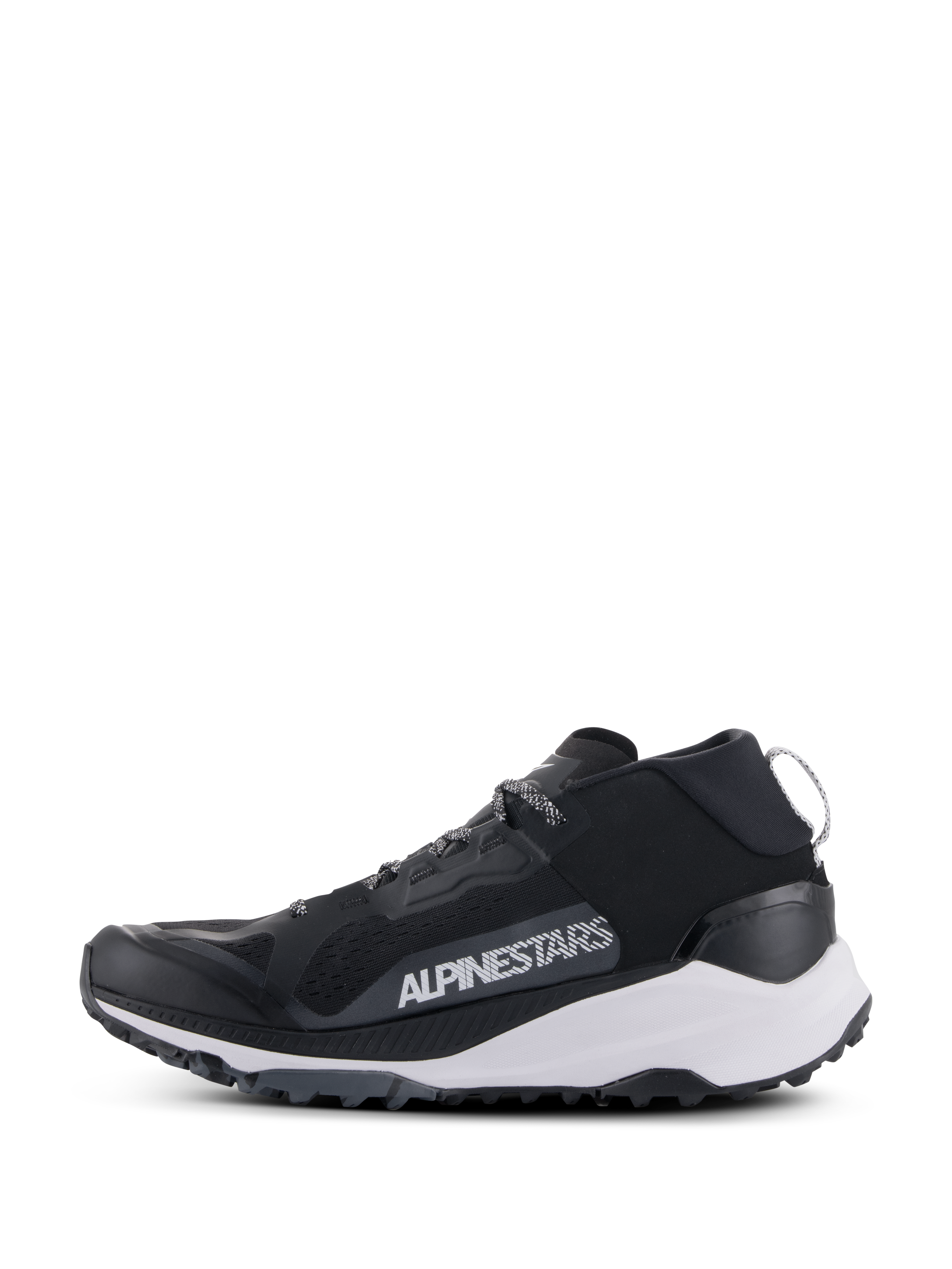 Alpinestars Meta XR V2 Schuhe, Sportswear-Schuhe, Schwarz, Weiß und Dunkelgrau, Seitenprofil mit Mesh-Obermaterial, weißer Zwischensohle und robuster Außensohle, markantes weißes Alpinestars-Branding auf der Seitenpartie.