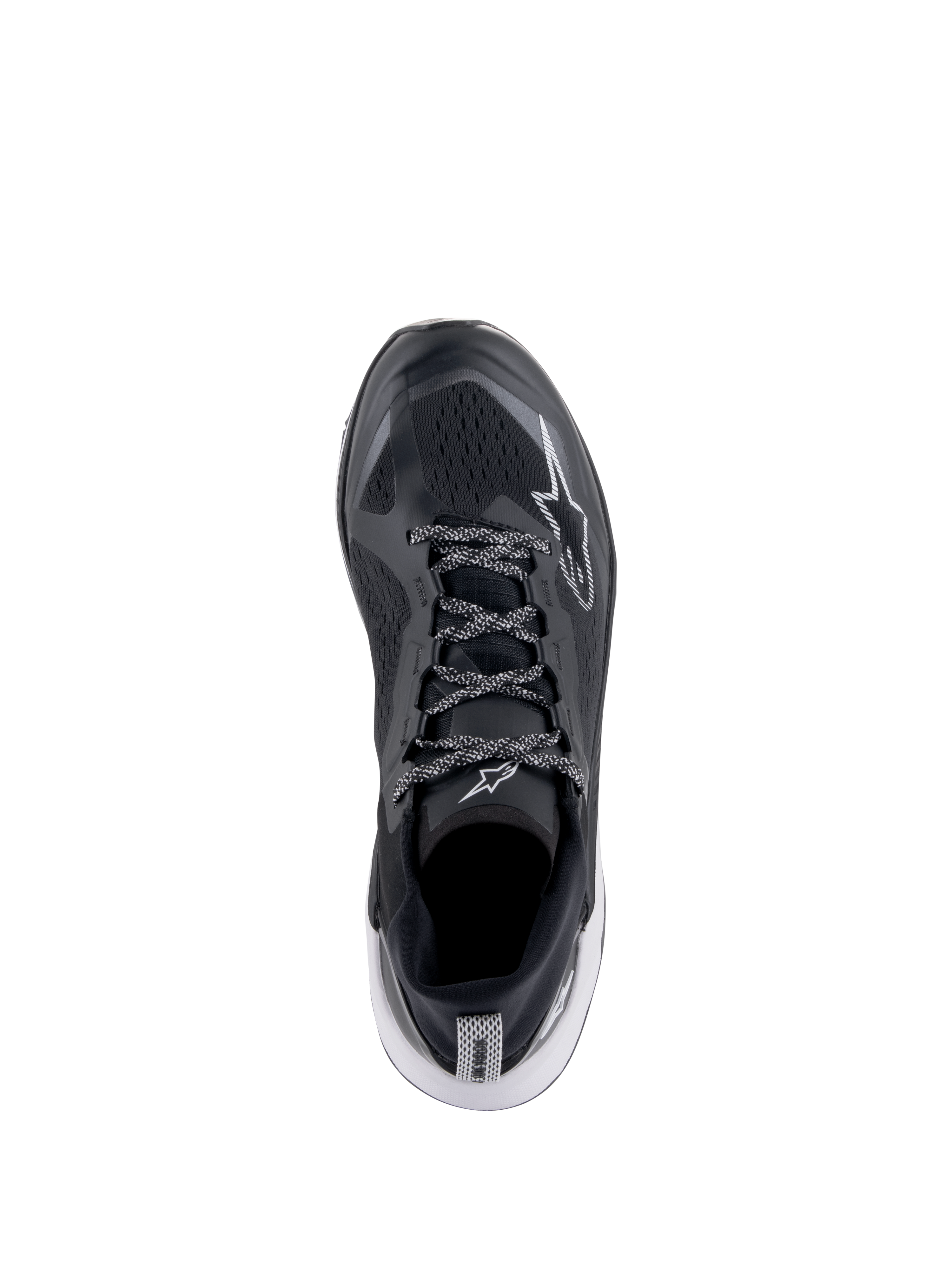 Alpinestars Meta XR V2 Schuhe, Sportswear-Schuhe, Schwarz, Weiß und Dunkelgrau, Draufsicht mit atmungsaktivem Mesh-Obermaterial und gemusterten Schnürsenkeln, weißes Stern-Logo, sportliche Freizeitschuhe