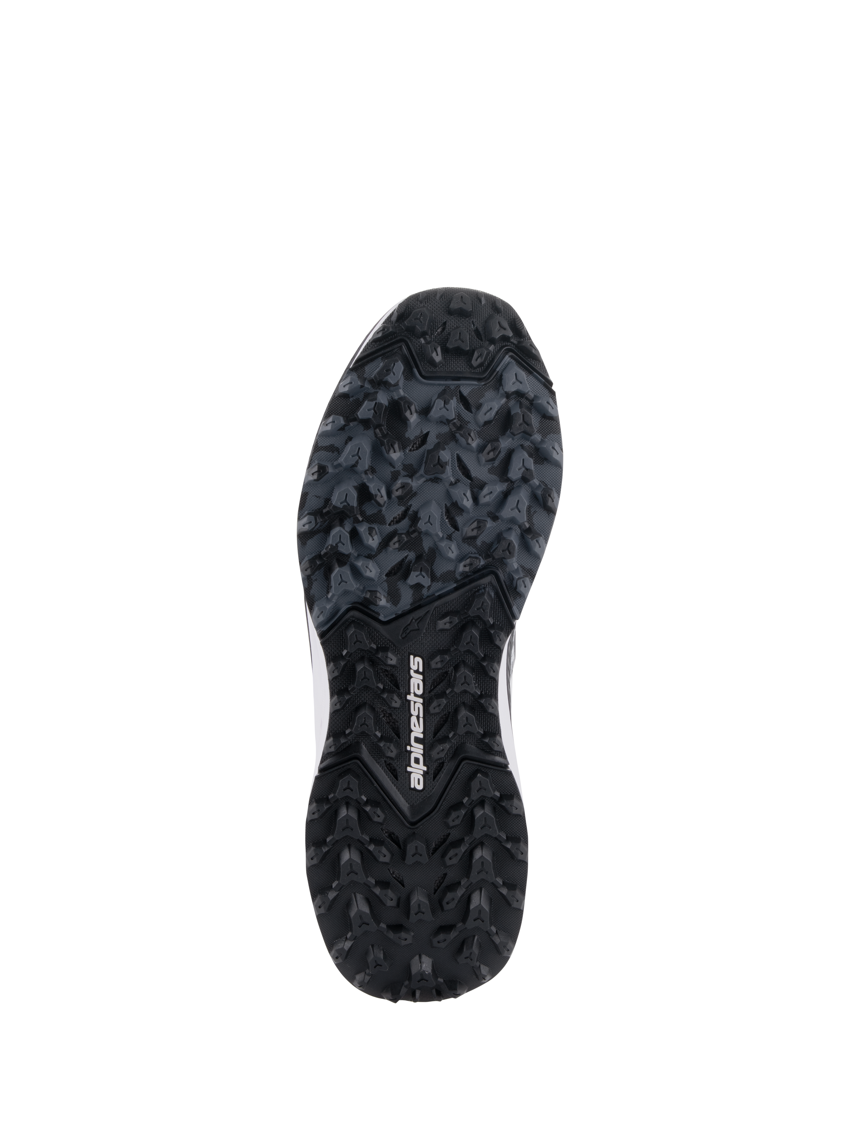 Alpinestars Meta XR V2 Schuhe, Ansicht der robusten Gummisohle, schwarz und dunkelgraue Außensohle mit Stollenprofil, weißes Alpinestars-Branding in der Mitte, entwickelt für hervorragenden Grip auf Offroad-Gelände und verschmutzten Oberflächen.