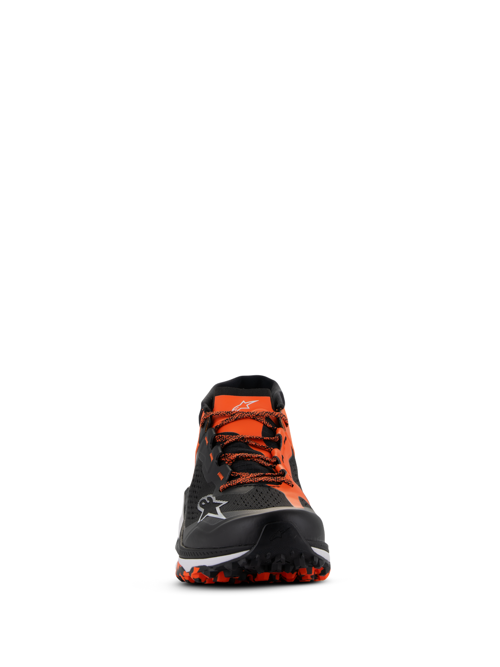Alpinestars Meta XR V2 Schuhe, Schwarz, Orange, Weiß, Frontalansicht mit technischem Mesh-Obermaterial, orangefarbenen Schnürsenkeln und robuster, ölbeständiger Gummisohle mit sichtbarem Profil, sportliche Freizeitschuhe