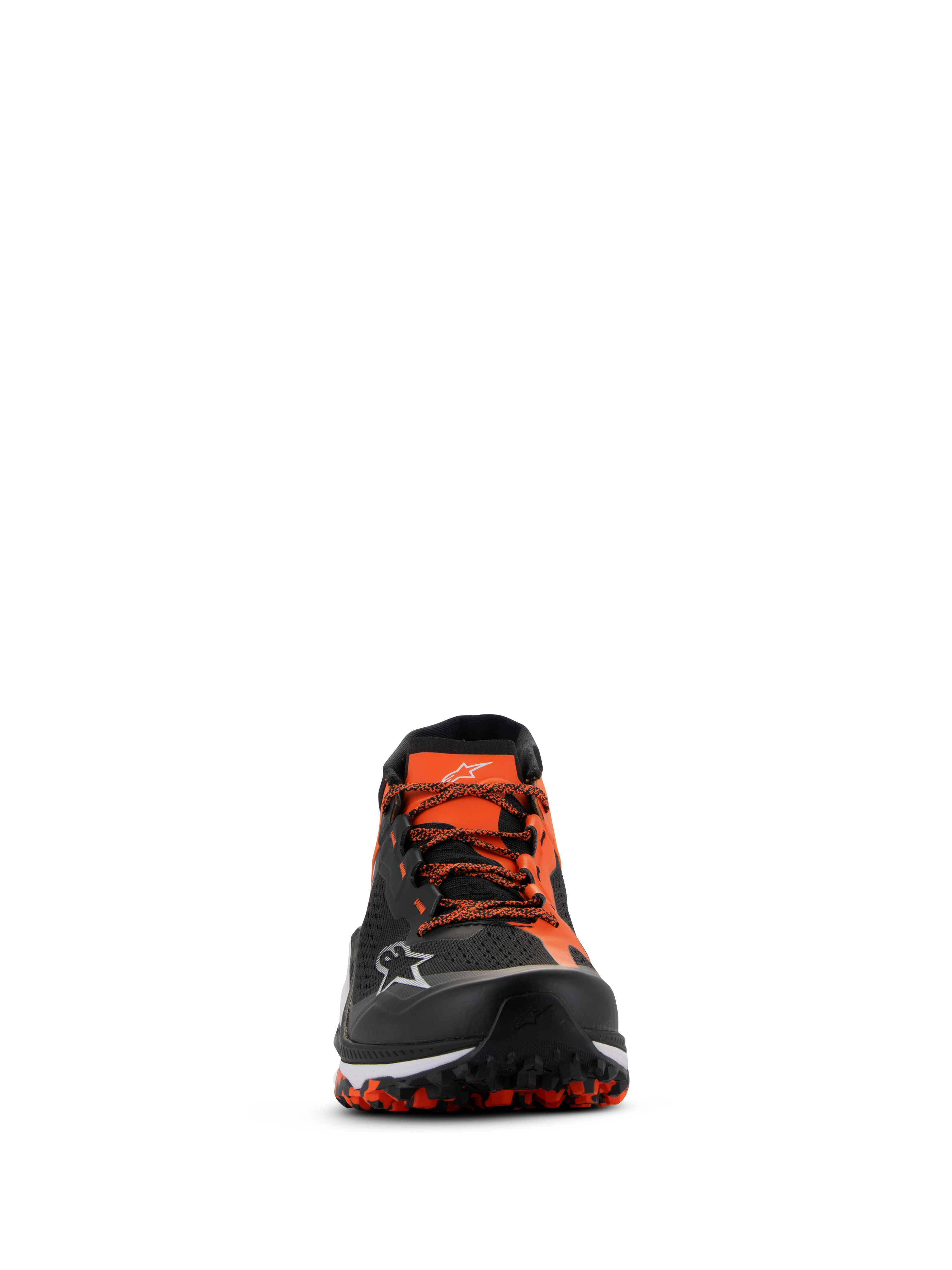 Alpinestars Meta XR V2 Schuhe, Schwarz, Orange, Weiß, Frontalansicht mit technischem Mesh-Obermaterial, orangefarbenen Schnürsenkeln und robuster, ölbeständiger Gummisohle mit sichtbarem Profil, sportliche Freizeitschuhe