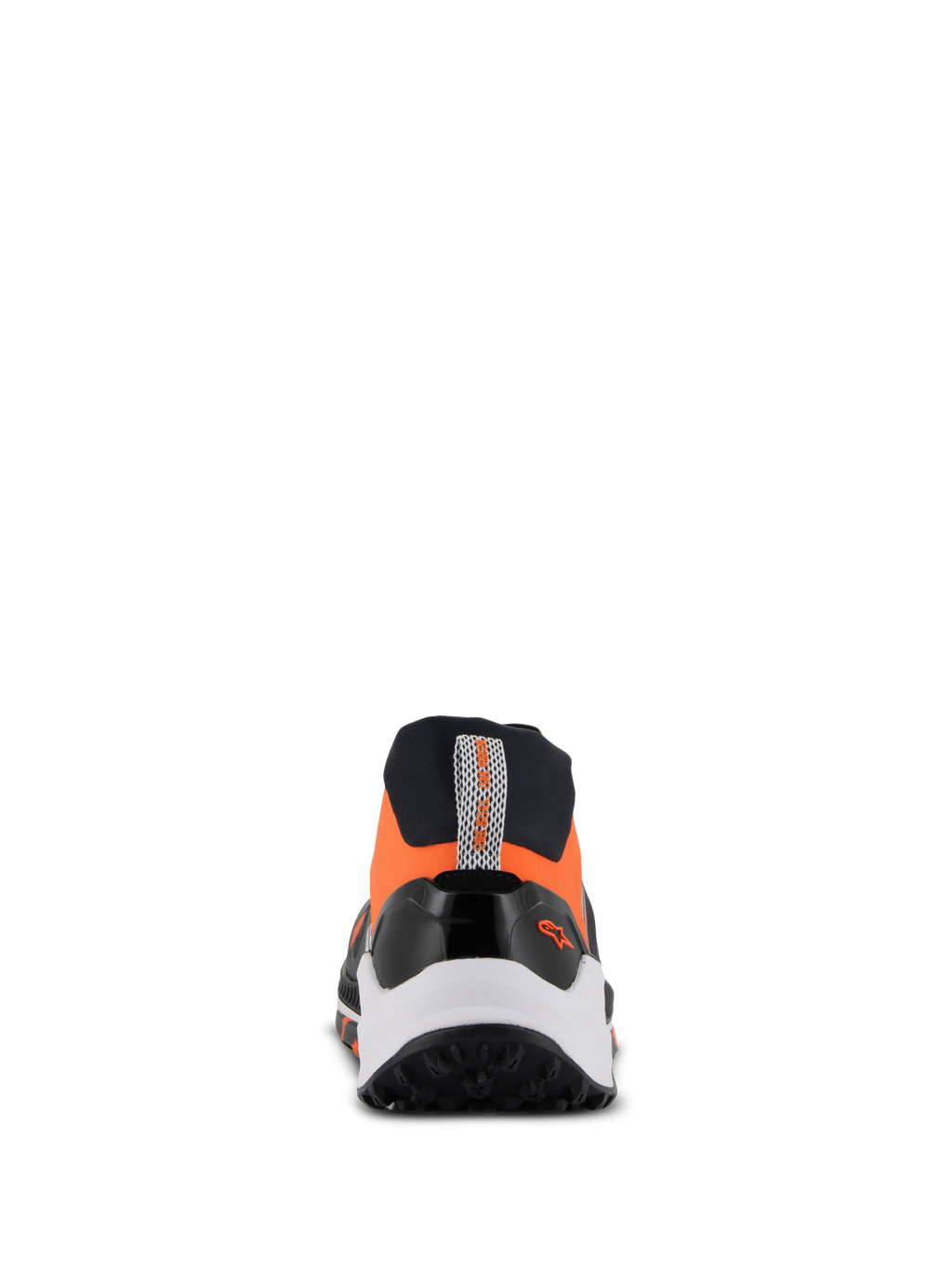 Alpinestars Meta XR V2 Schuhe, sportliche Freizeitschuhe, Schwarz, Orange und Weiß, Rückansicht mit robuster Gummisohle, weißer Zwischensohle und orangefarbenem Obermaterial mit Fersenlasche und kleinem Alpinestars-Logo.