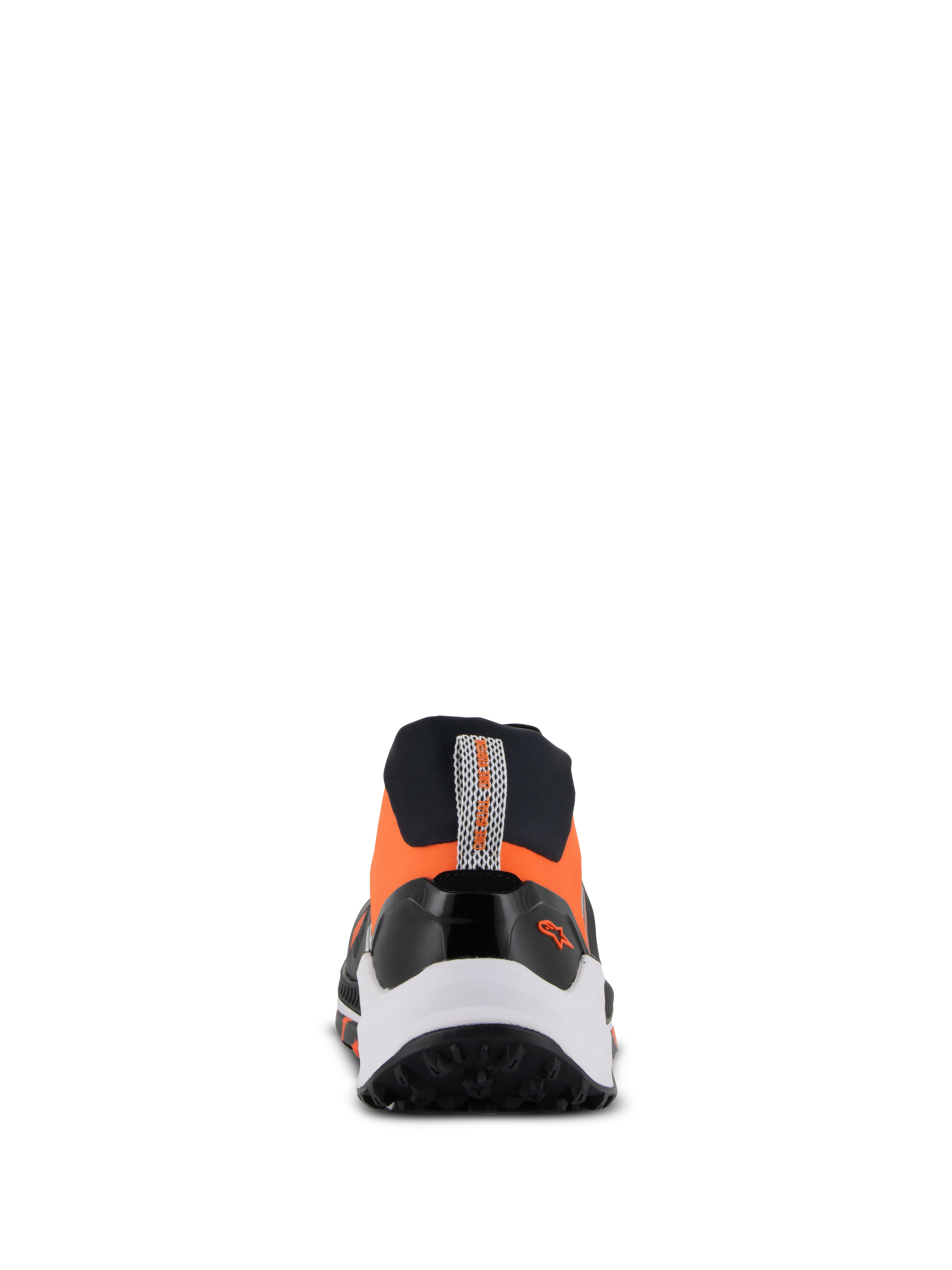 Alpinestars Meta XR V2 Schuhe, sportliche Freizeitschuhe, Schwarz, Orange und Weiß, Rückansicht mit robuster Gummisohle, weißer Zwischensohle und orangefarbenem Obermaterial mit Fersenlasche und kleinem Alpinestars-Logo.