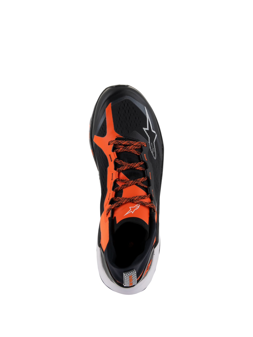 Alpinestars Meta XR V2 Schuhe, sportliche Freizeitschuhe, Schwarz, Orange und Weiß, Draufsicht mit schwarzem technischem Mesh-Obermaterial, leuchtend orangefarbenen Overlays, gemusterten Schnürsenkeln und weißen Logo-Details, entwickelt für ganztägigen Komfort und Stabilität.